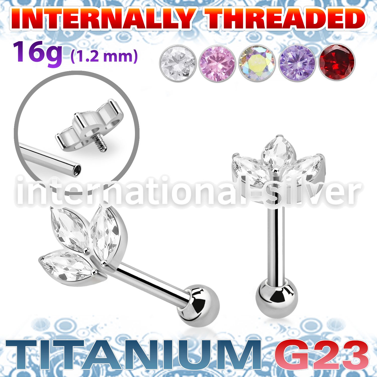 uhein30 titanium barbell leaf marquise cz ball internal