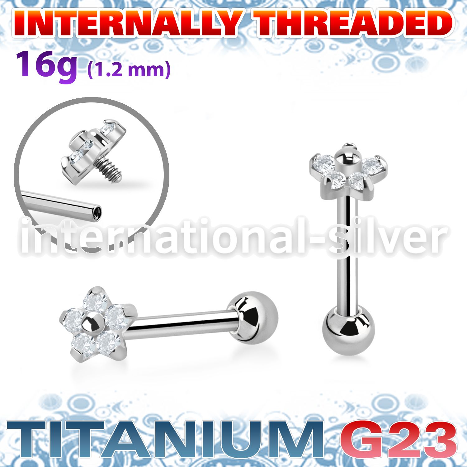 uhein54 titanium straightbarbell 16g flower cz ball internal