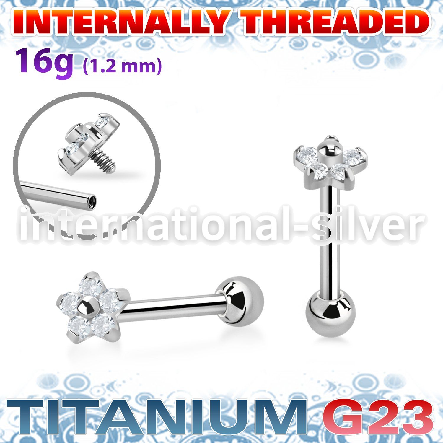 uhein54 titanium straightbarbell 16g flower cz ball internal