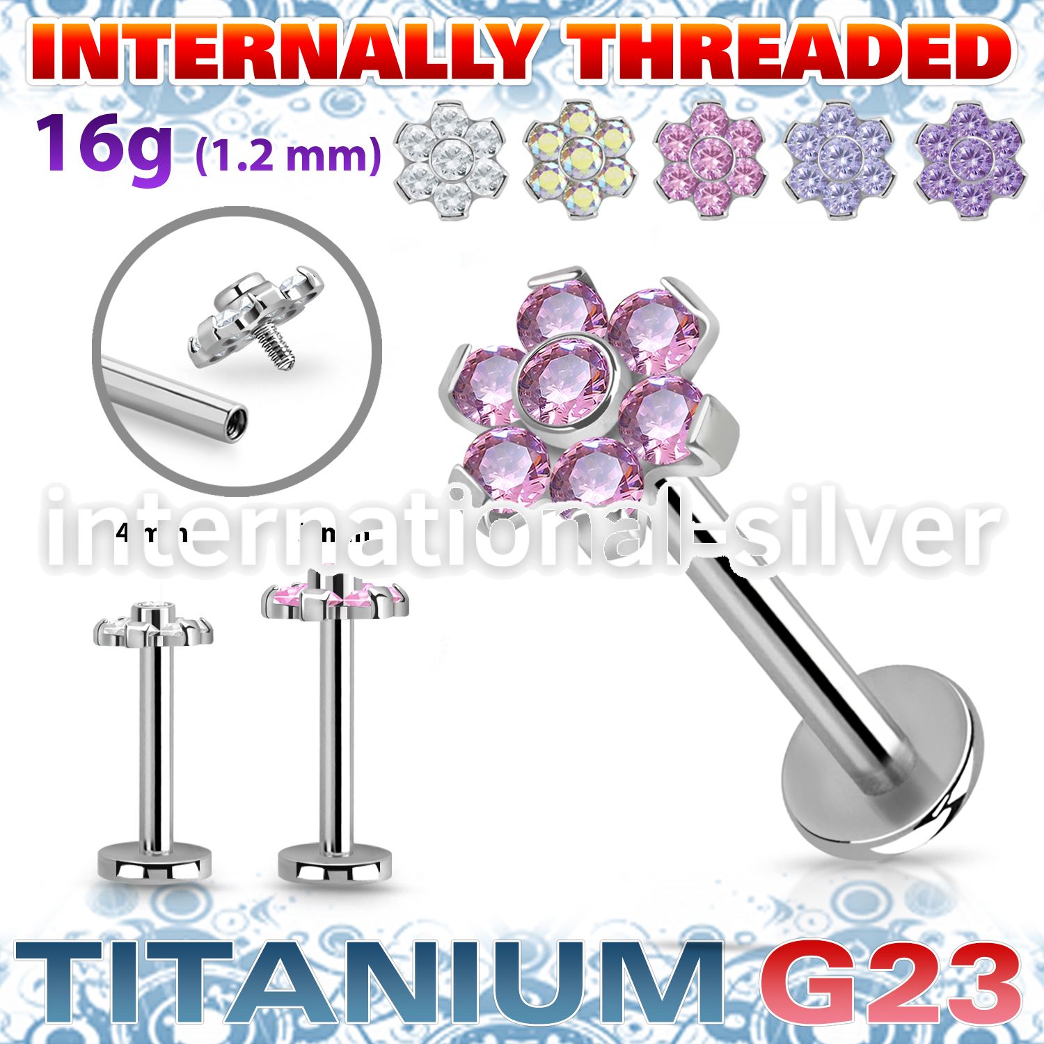 ulbin10 titanium labret internal threading 7 color cz