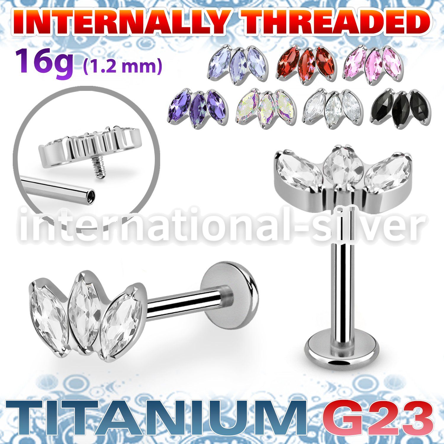 ulbin23 titanium labret stud three marquise cz internal