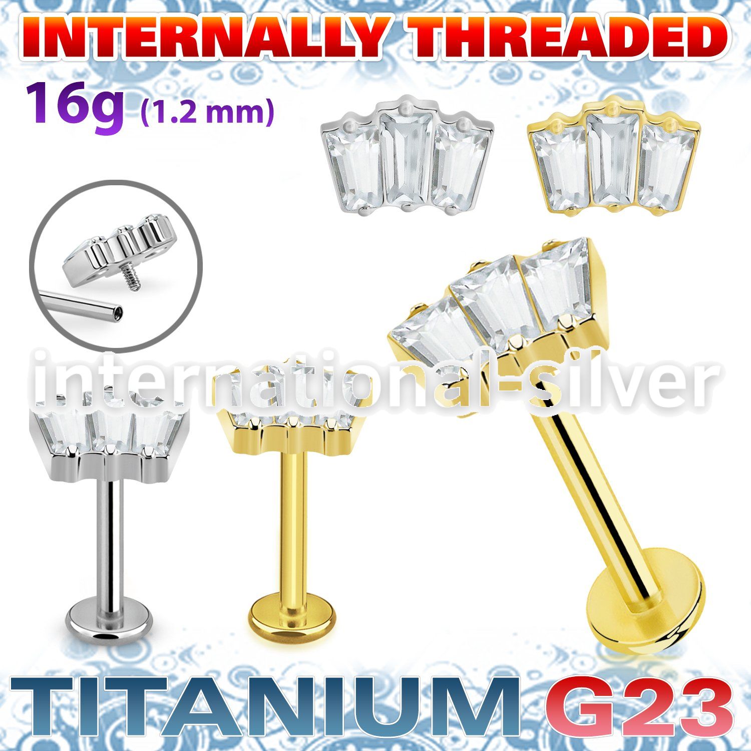 ulbin26 titanium labret stud 16g three baguette cz internal