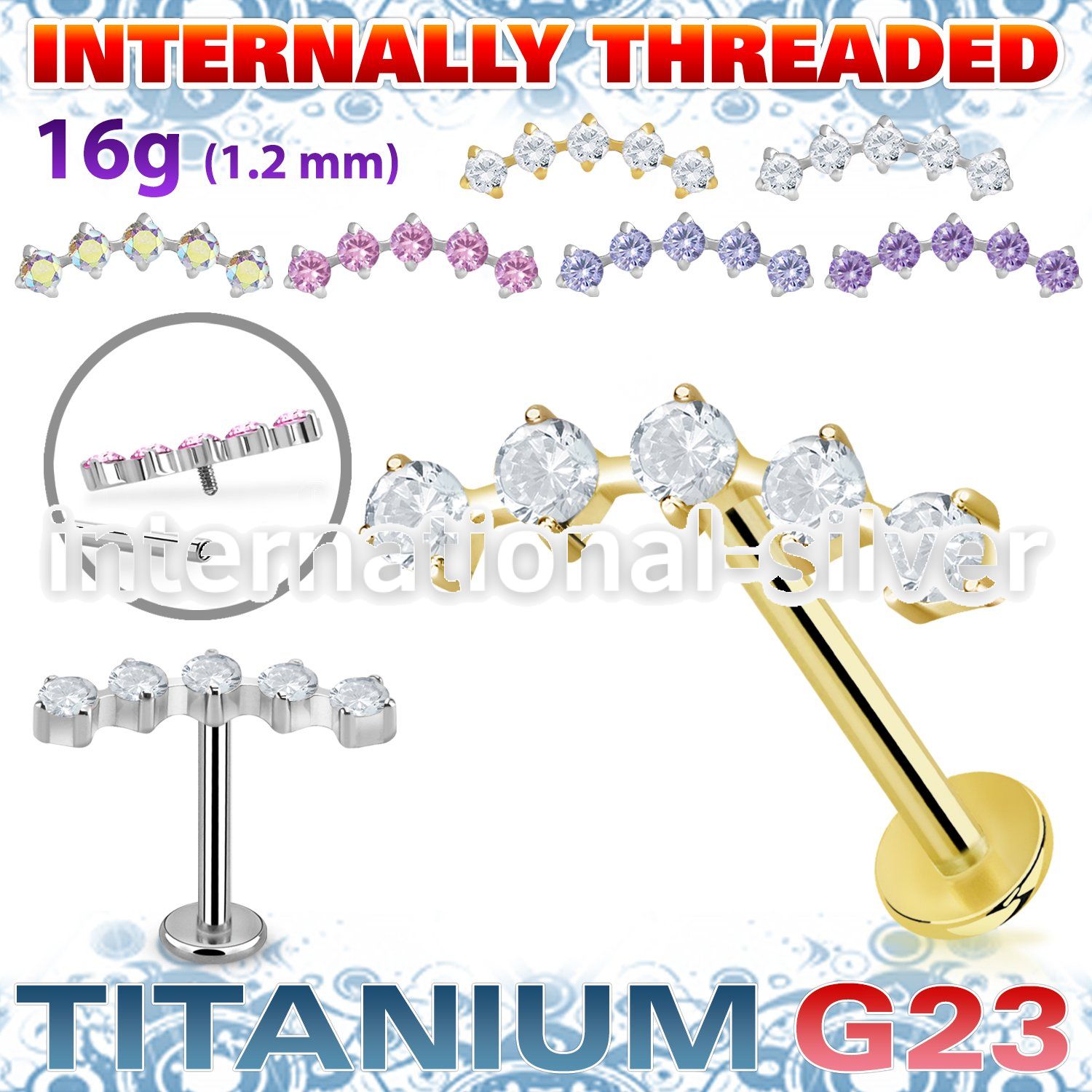 ulbin27 titanium labret stud prong cz curve top internal