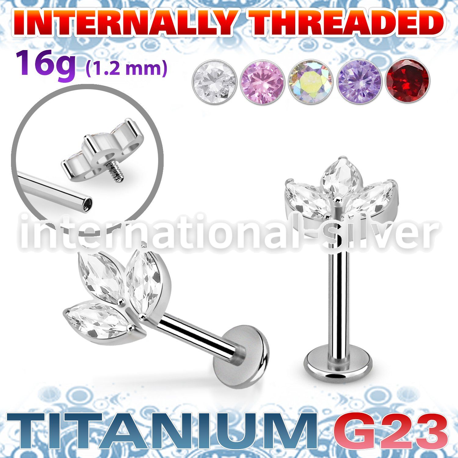 ulbin30 titanium labret stud leaf top marquise cz internal