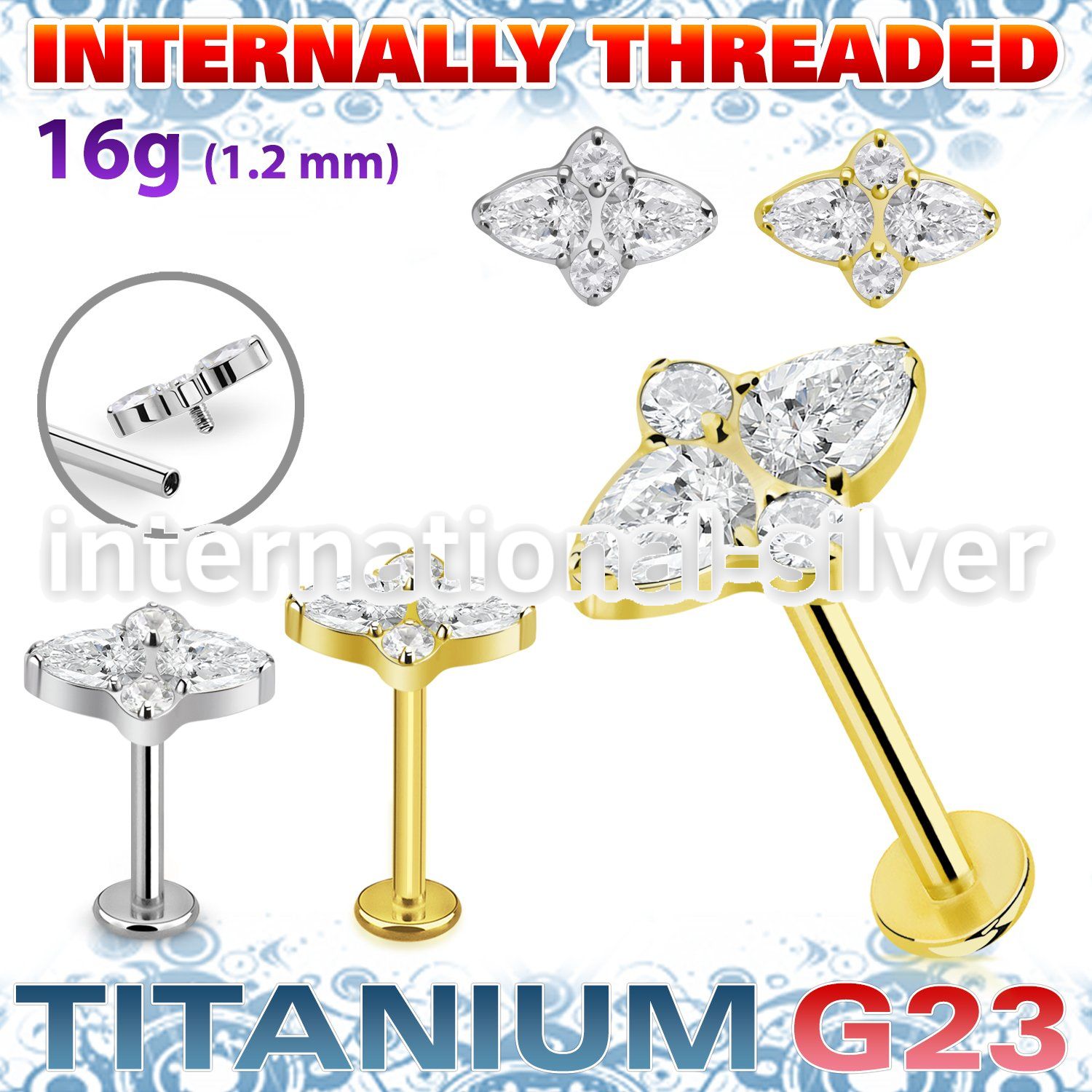 ulbin31 titanium labret stud 16g teardrop and cz internal