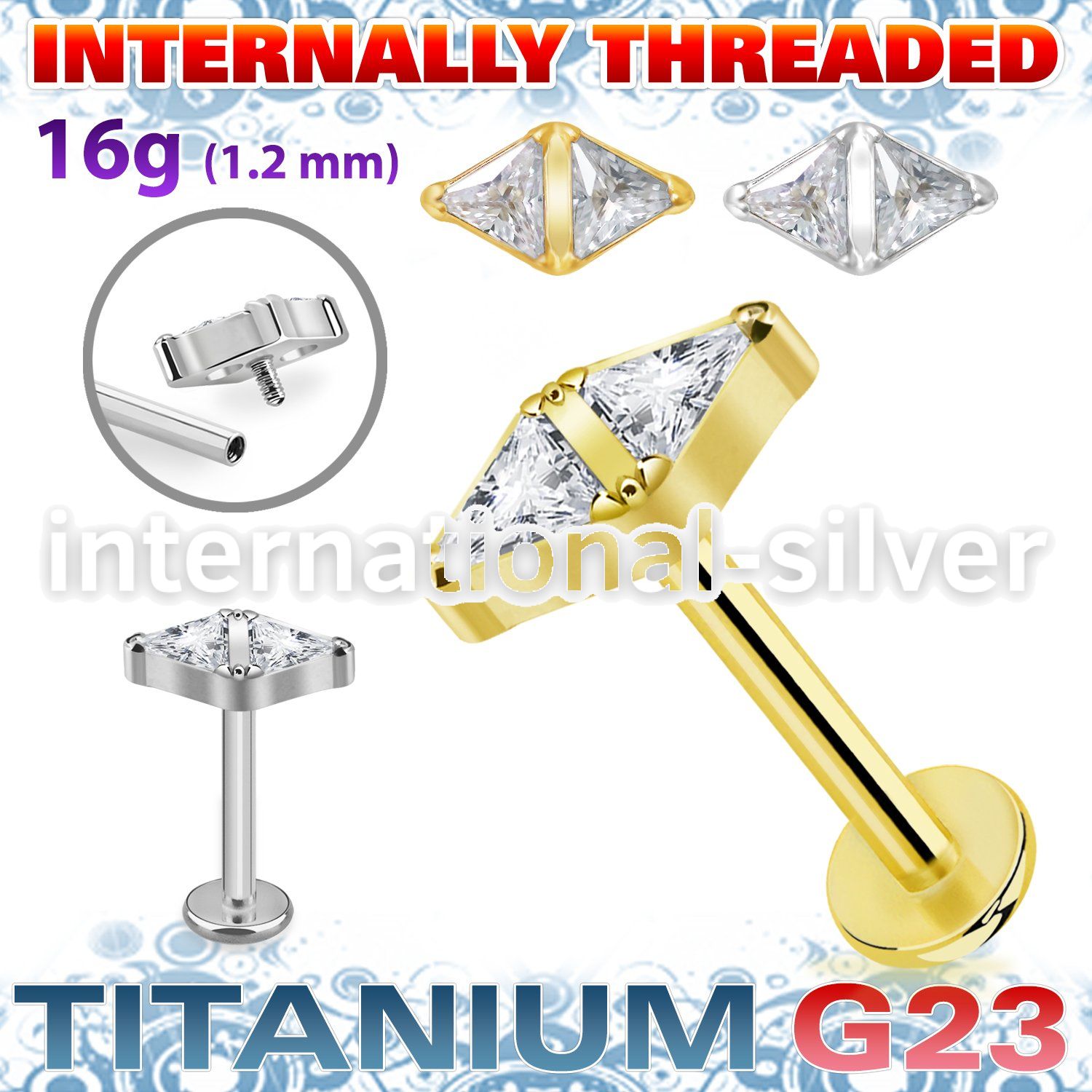ulbin32 titanium labret stud 16g double triangle cz internal