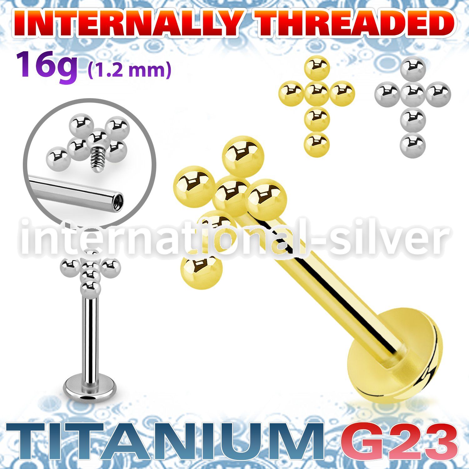 ulbin50 titanium labret stud 16g cross bead balls internal