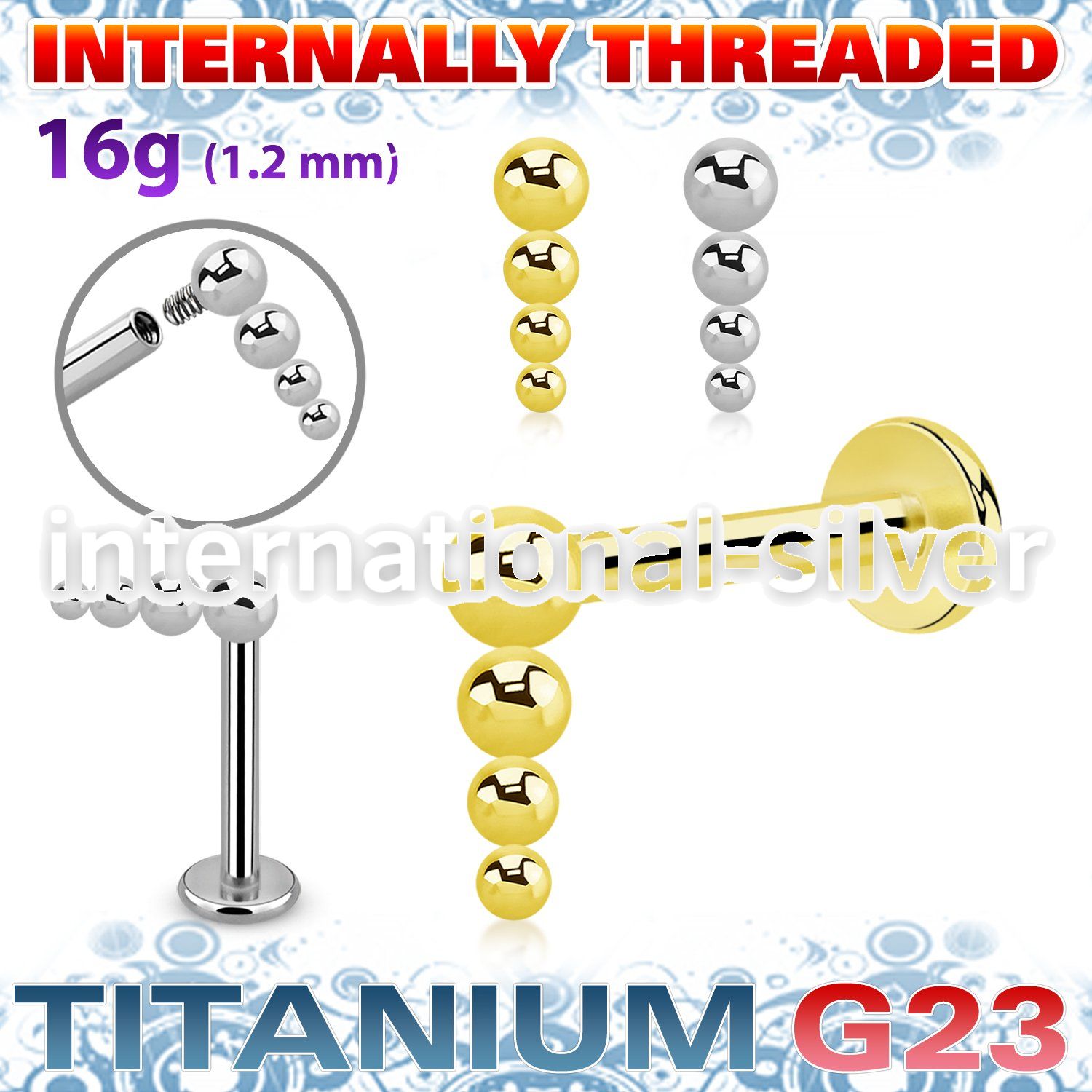 ulbin52 titanium labret stud descending bead balls internal