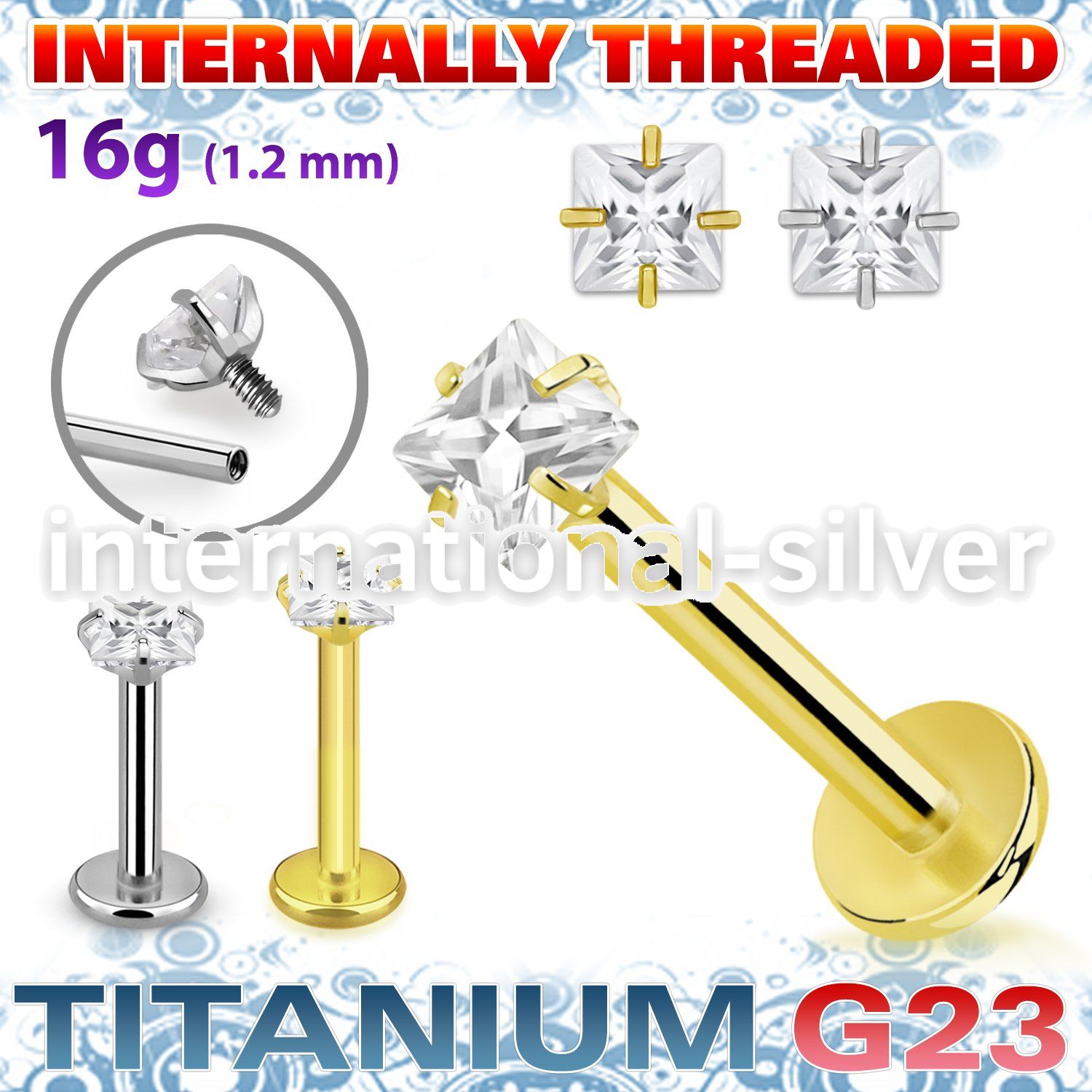 ulbin56 titanium labret stud square cz prong set internal