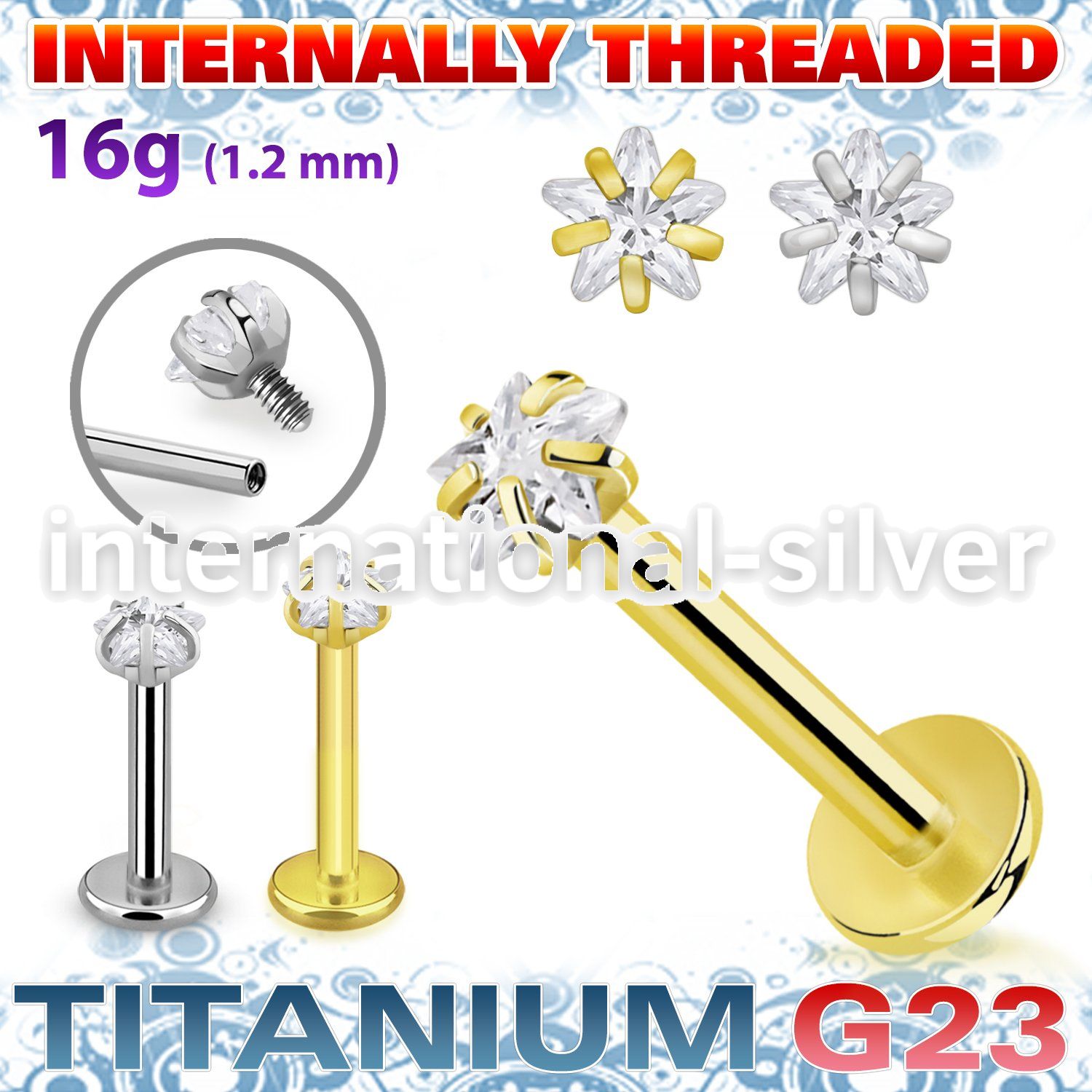 ulbin57 titanium g23 labret 16g star cz prong set internal