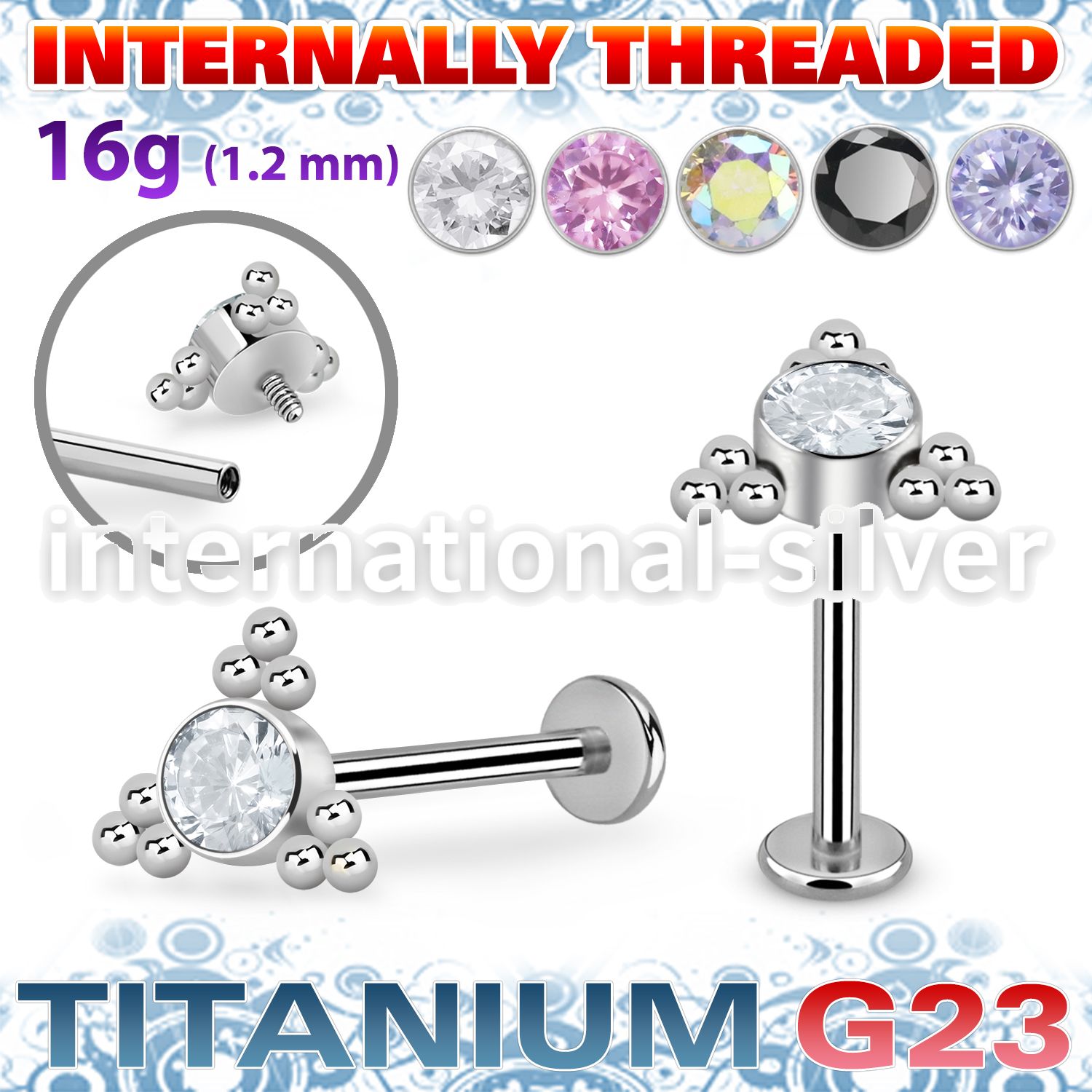 ulbin7 titanium labret internal threading round cz