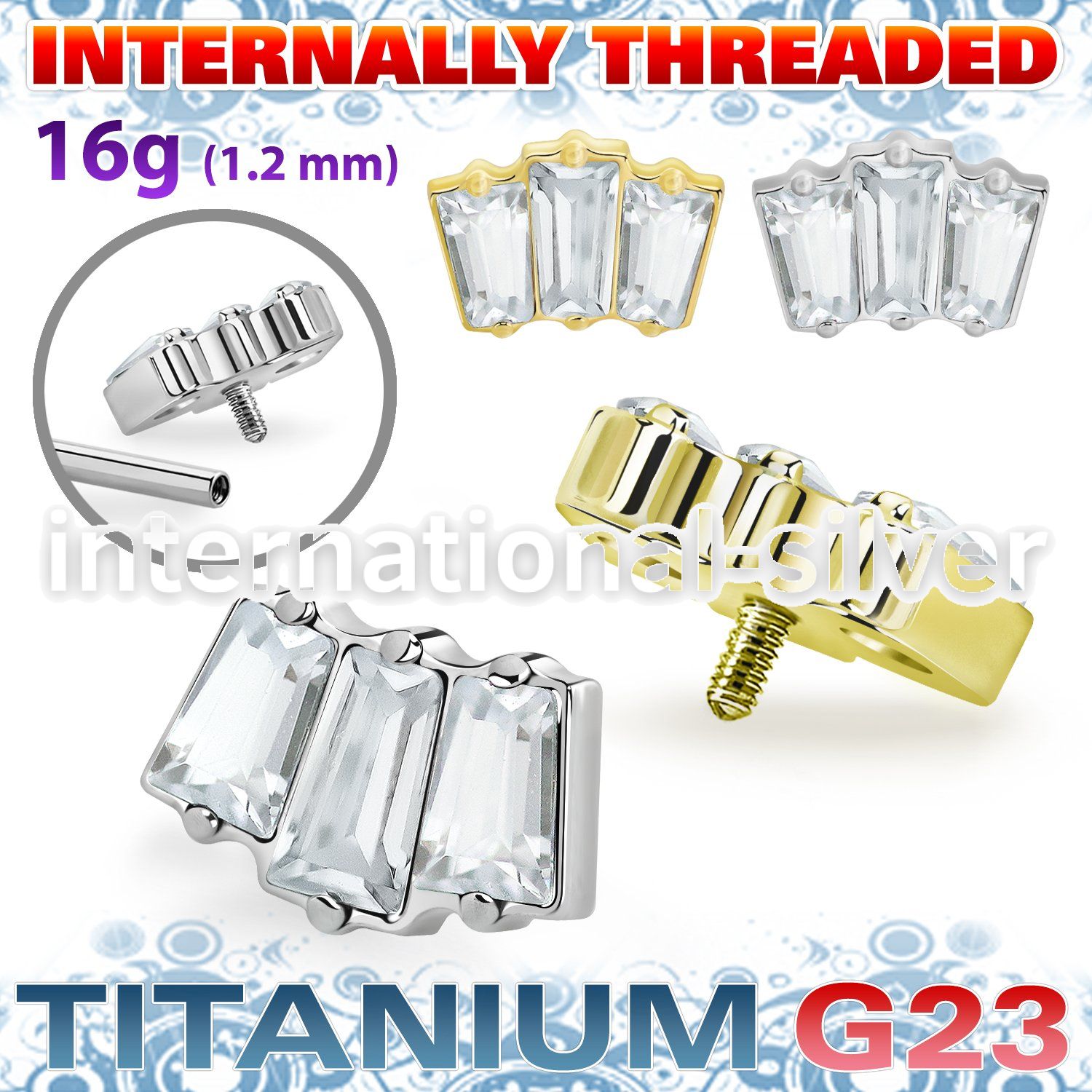 ushz26in titanium top three baguette cz prong setting