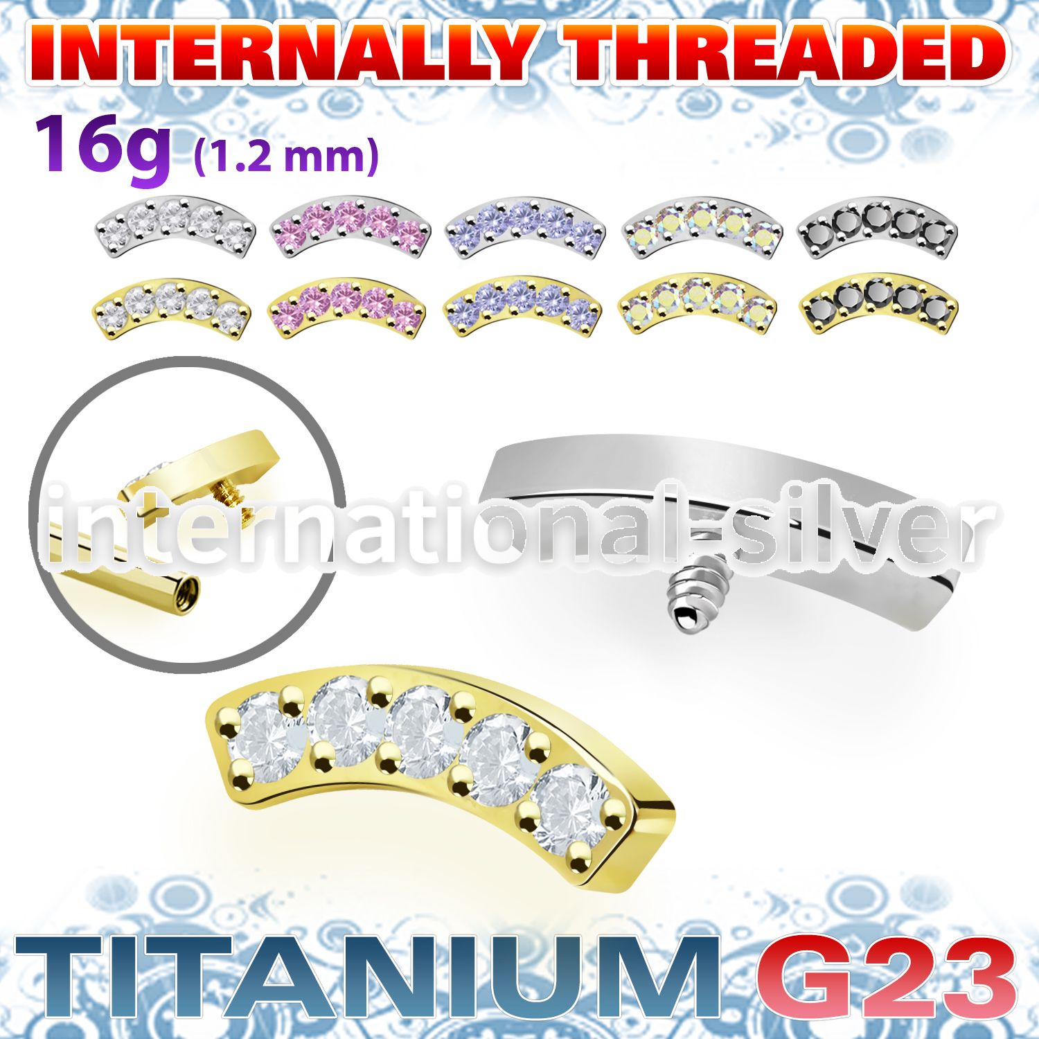 ushz33in pvd plating astm f 136 titanium five cz curved top