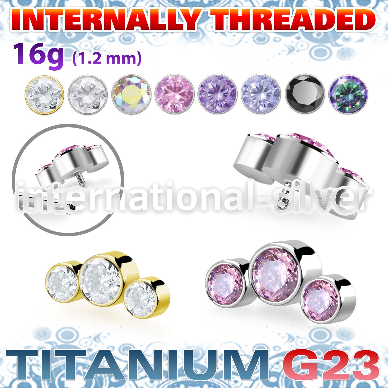 ushz4in titanium top part post three round color cz