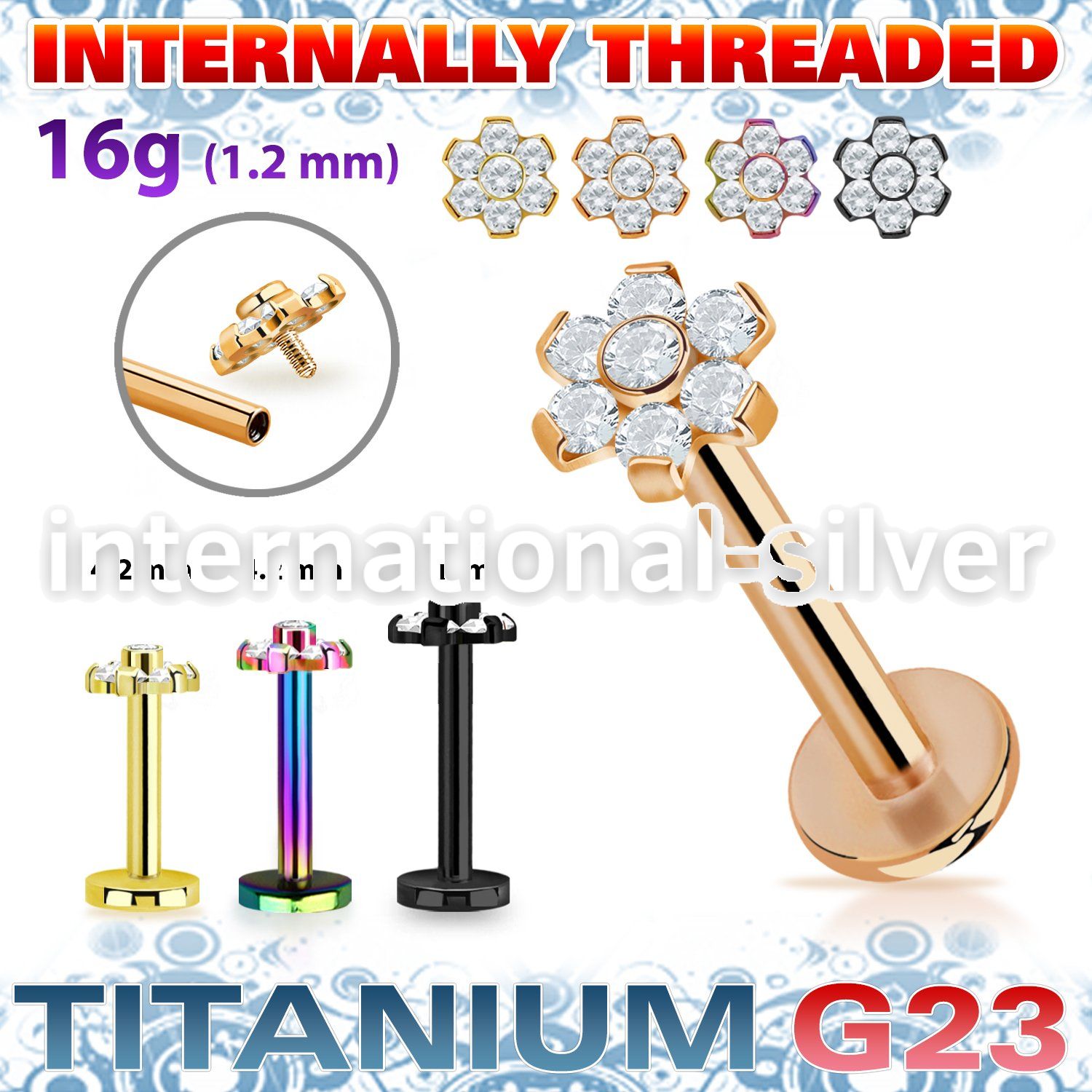 utlbin10 pvd plating titanium labret 16g flower cz internal