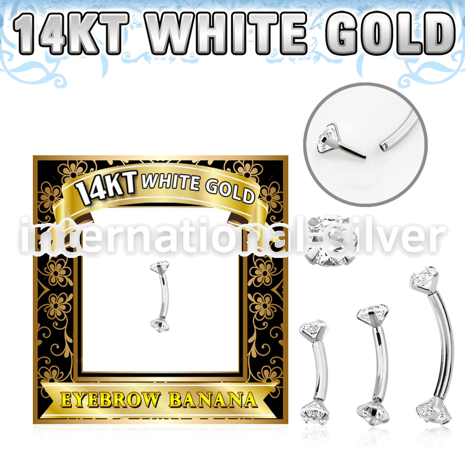 wbnz 14k white gold eyebrow banana with clear cz