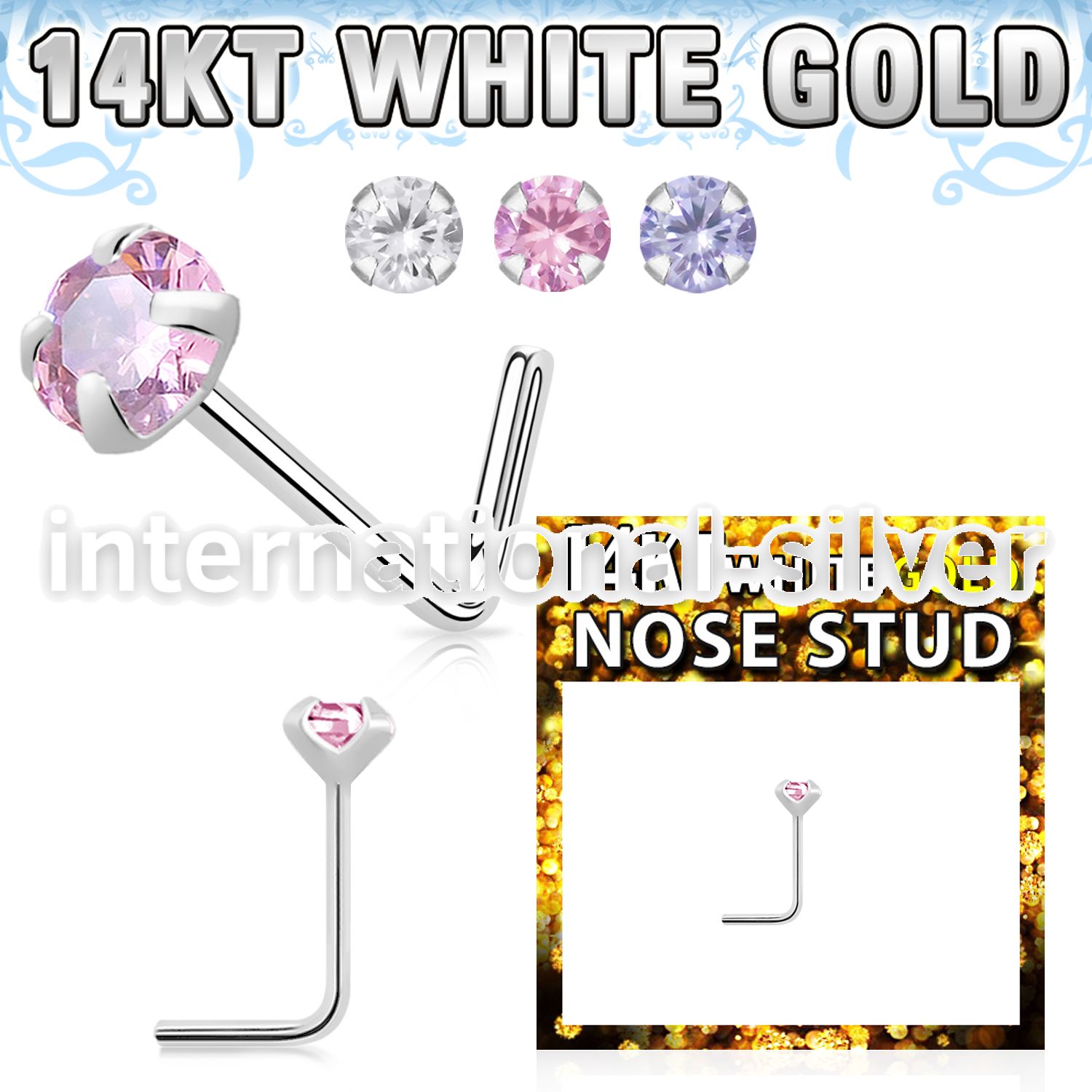 wnszm25 14k white gold l shaped nose stud 22g color cz