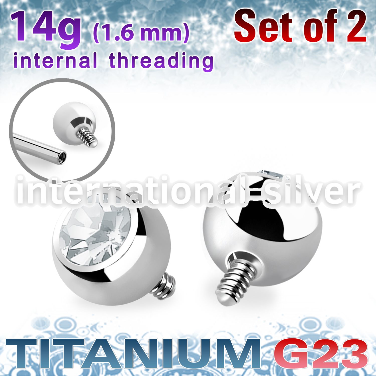 xujb6i titanium ball tops with prss fit clear gem 6mm