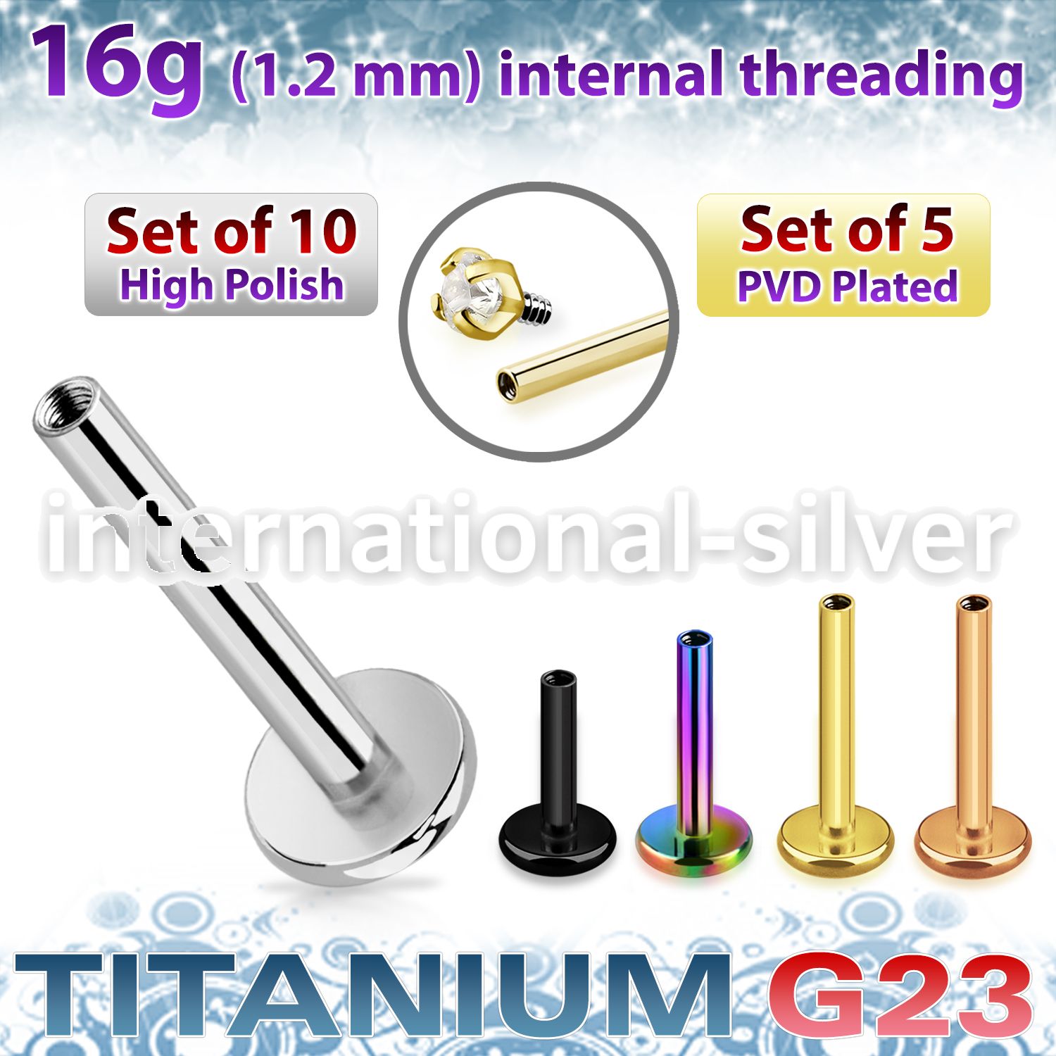 xulb16gi titanium internal threading labret stud bars 10pcs