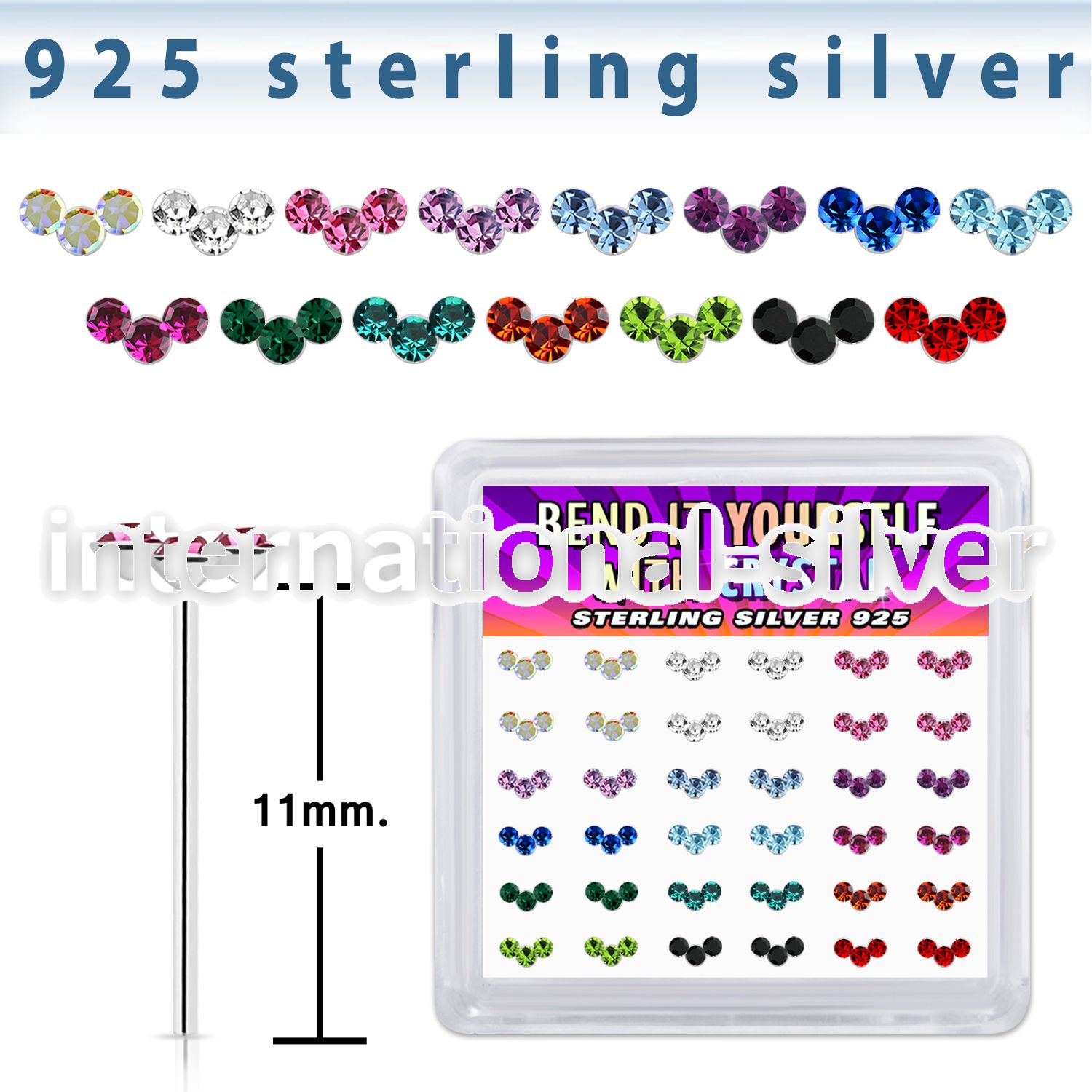 yxcubm36 silver bend it to fit nose studs 22g gems colors 36