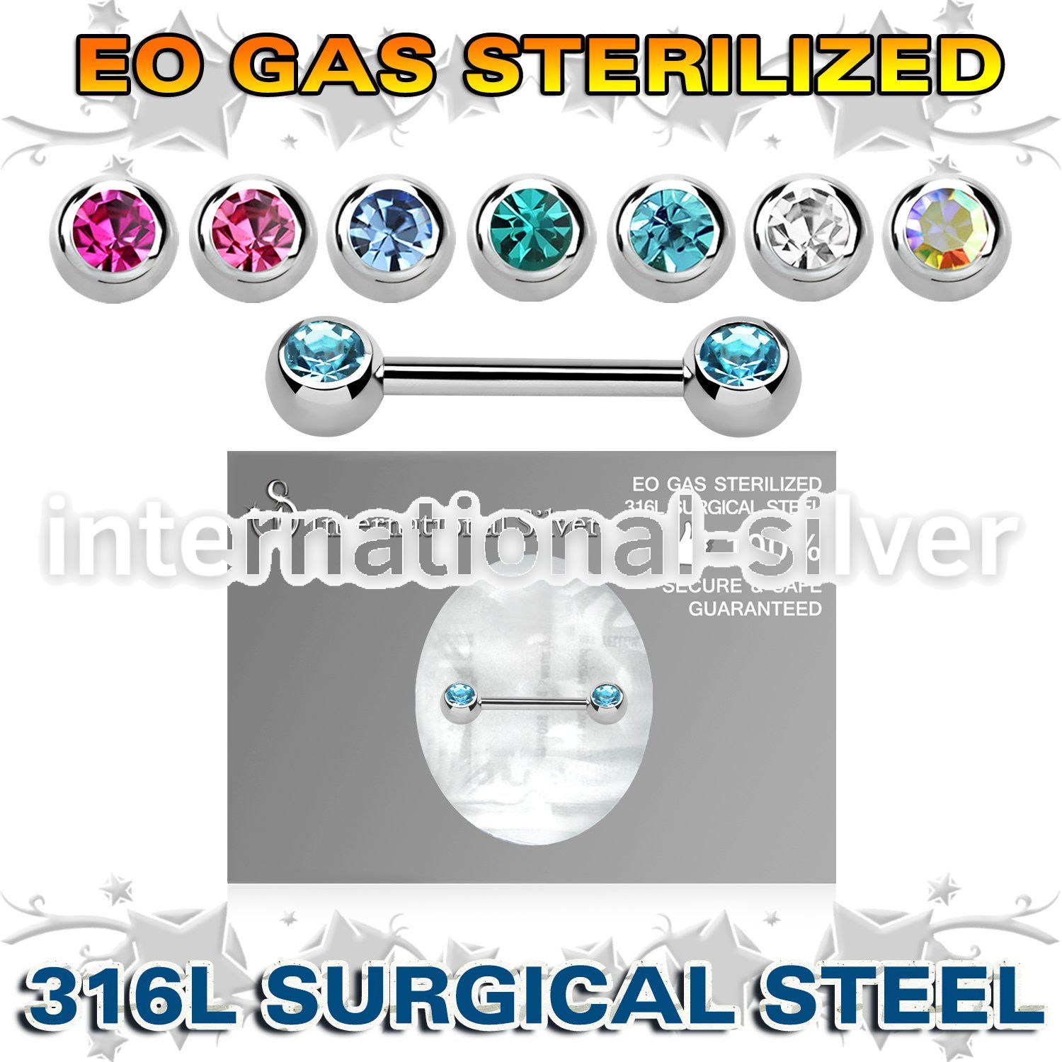 zbbnp2c sterilized steel nipple barbell 14g gem balls