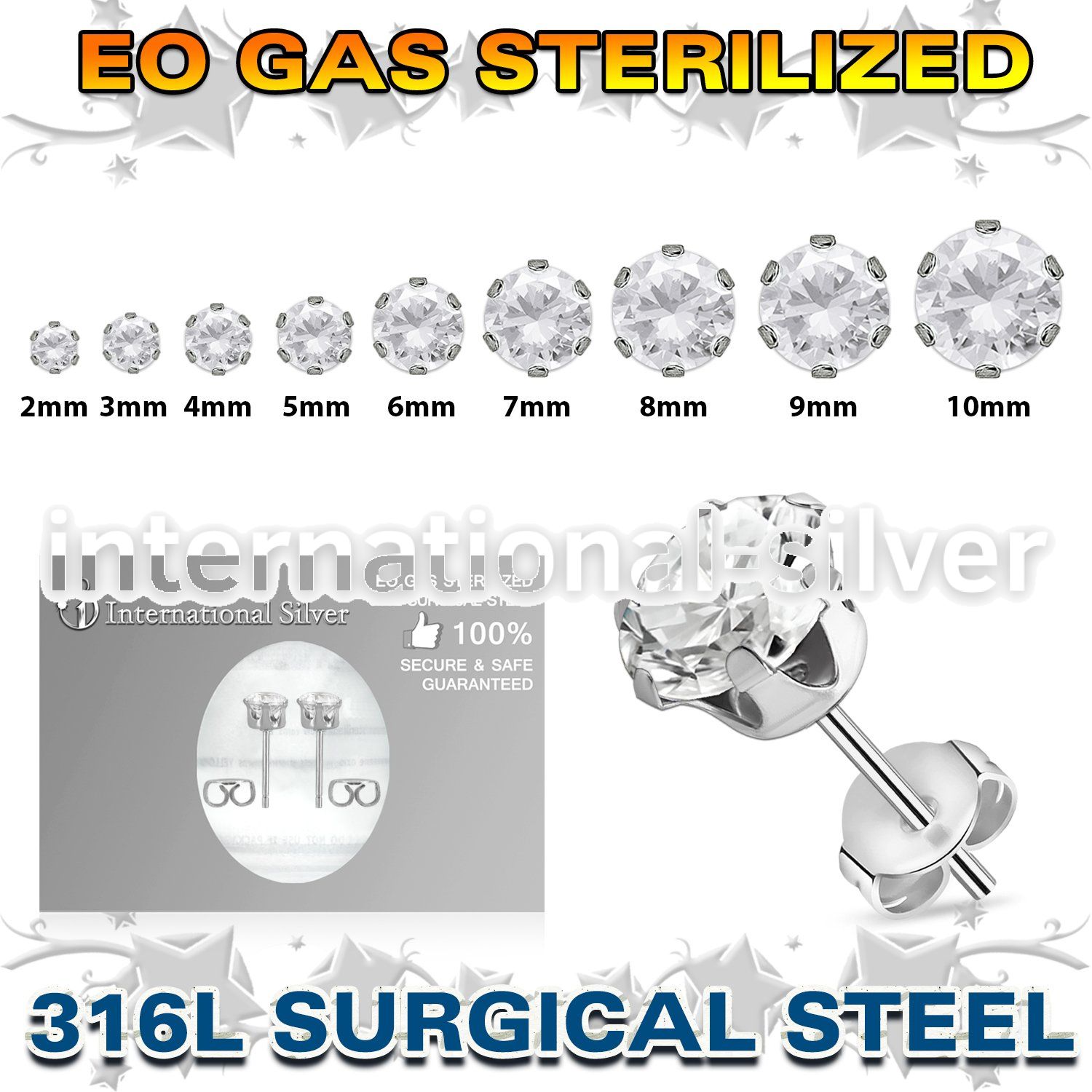 zerz sterilized steel earring stud prong set cz one pair
