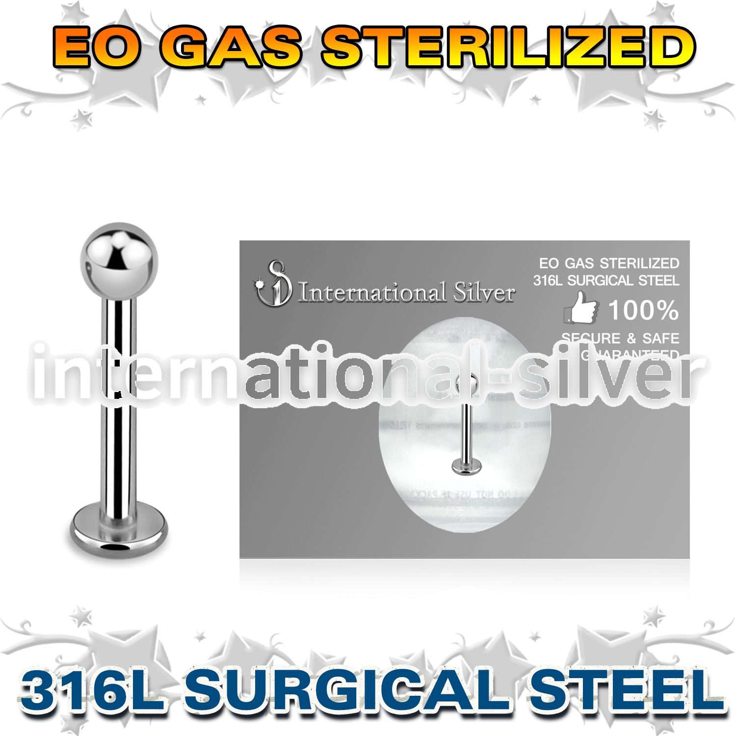 zlbb3g surgical steel labret eo gas sterilized 3mm ball