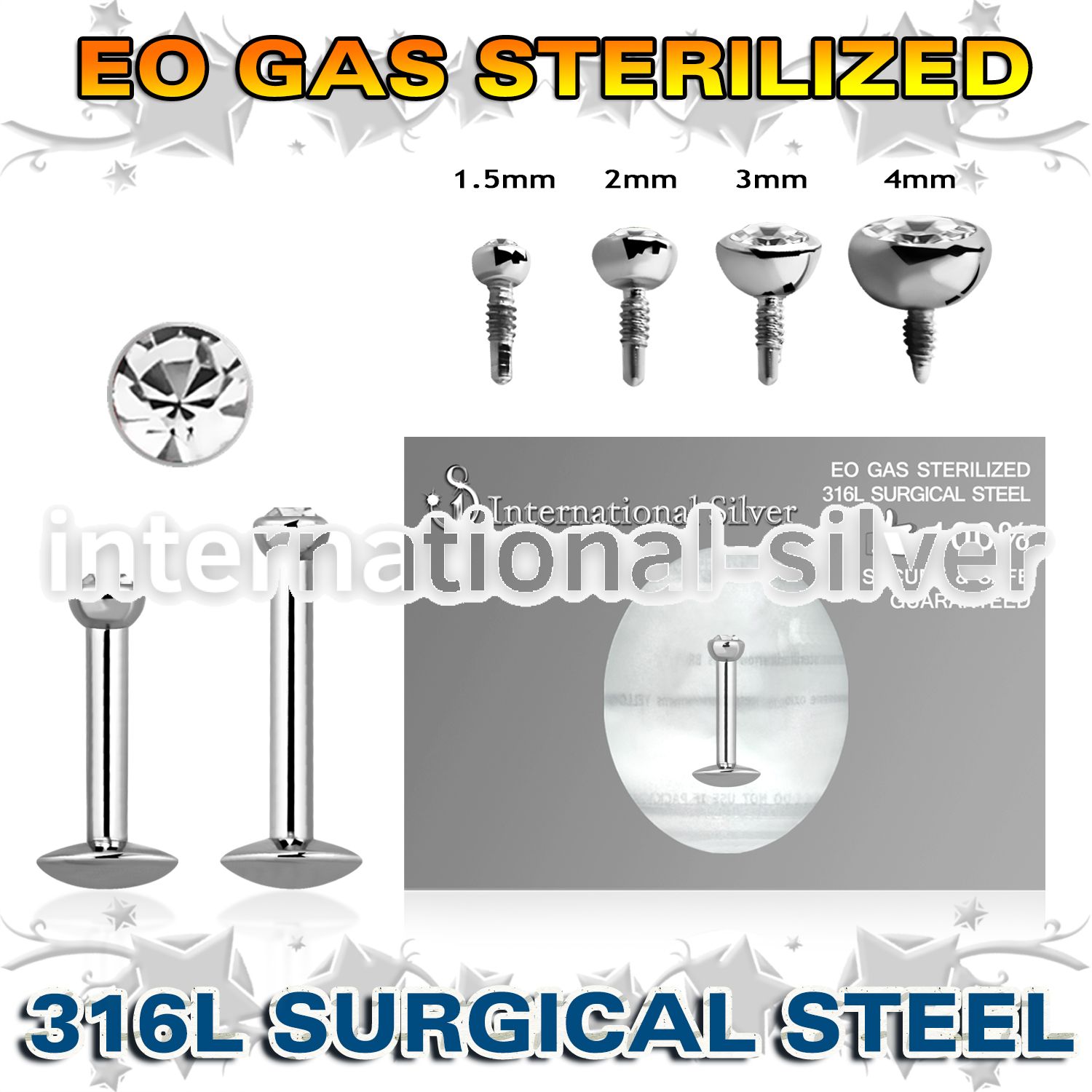 zlbirc sterilized steel labret stud flat head gem internal