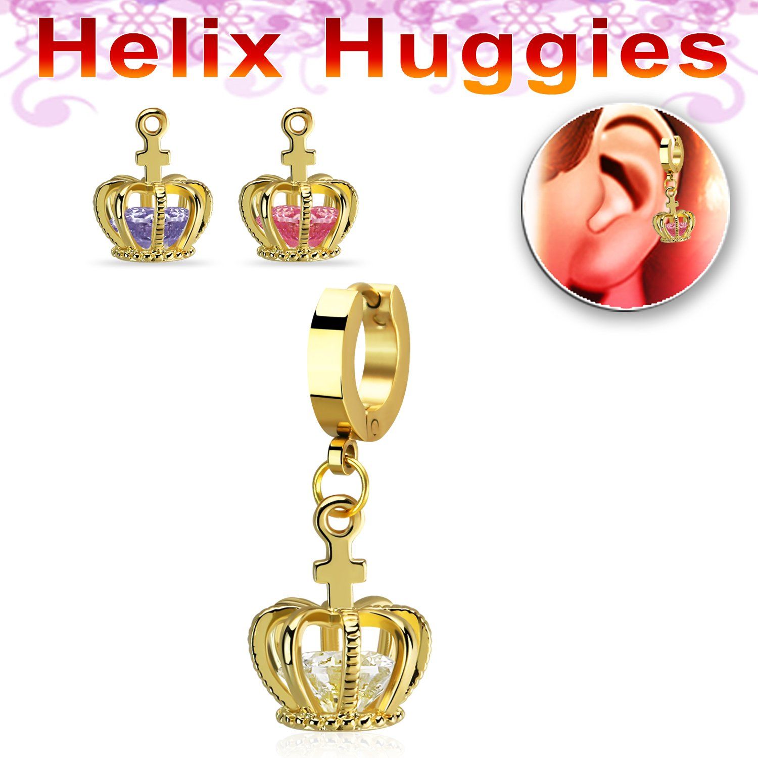 ehgz590 gold stainless steel helix huggie w dangling crown w cz