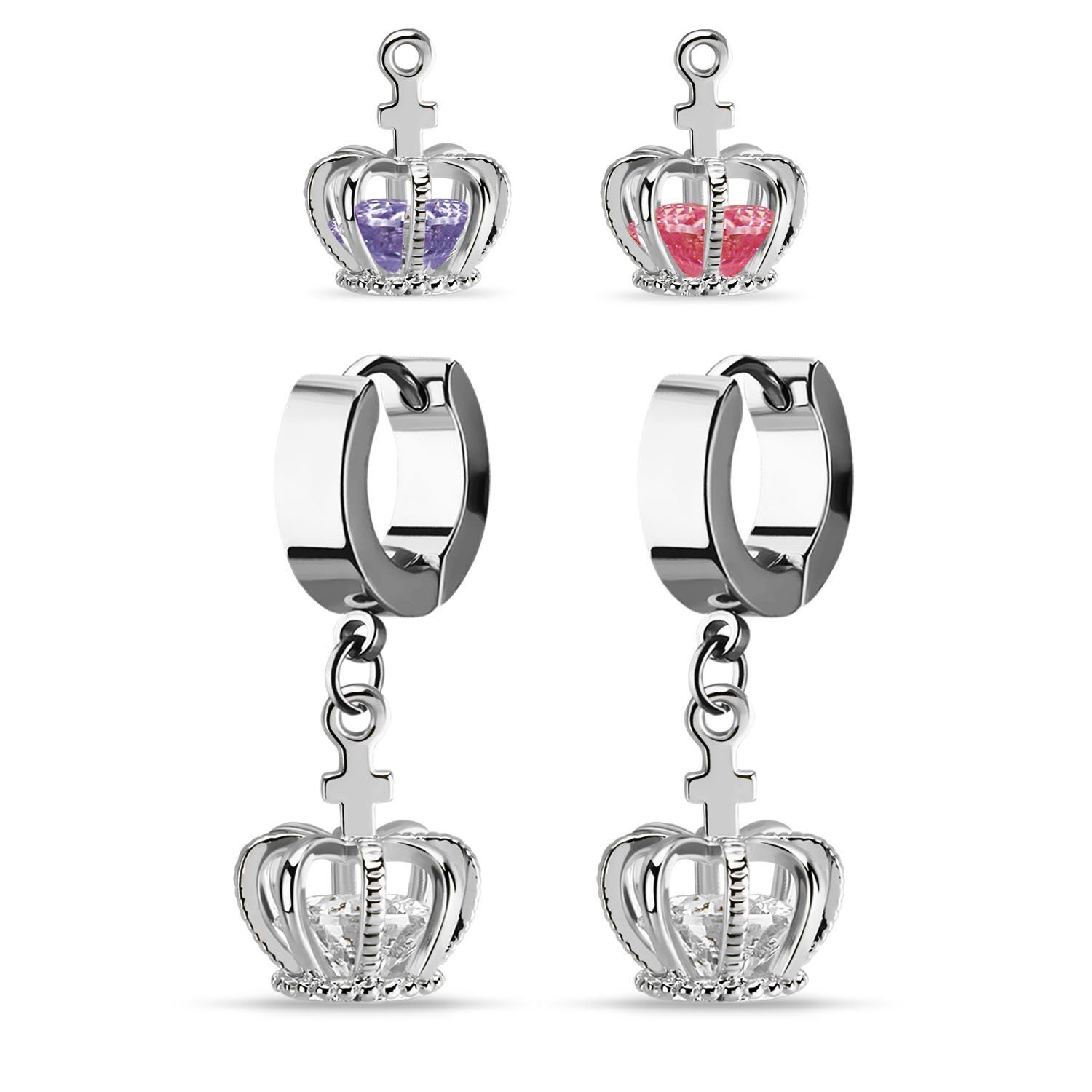 erhz590 stainless steel huggie w dangling crown w cz