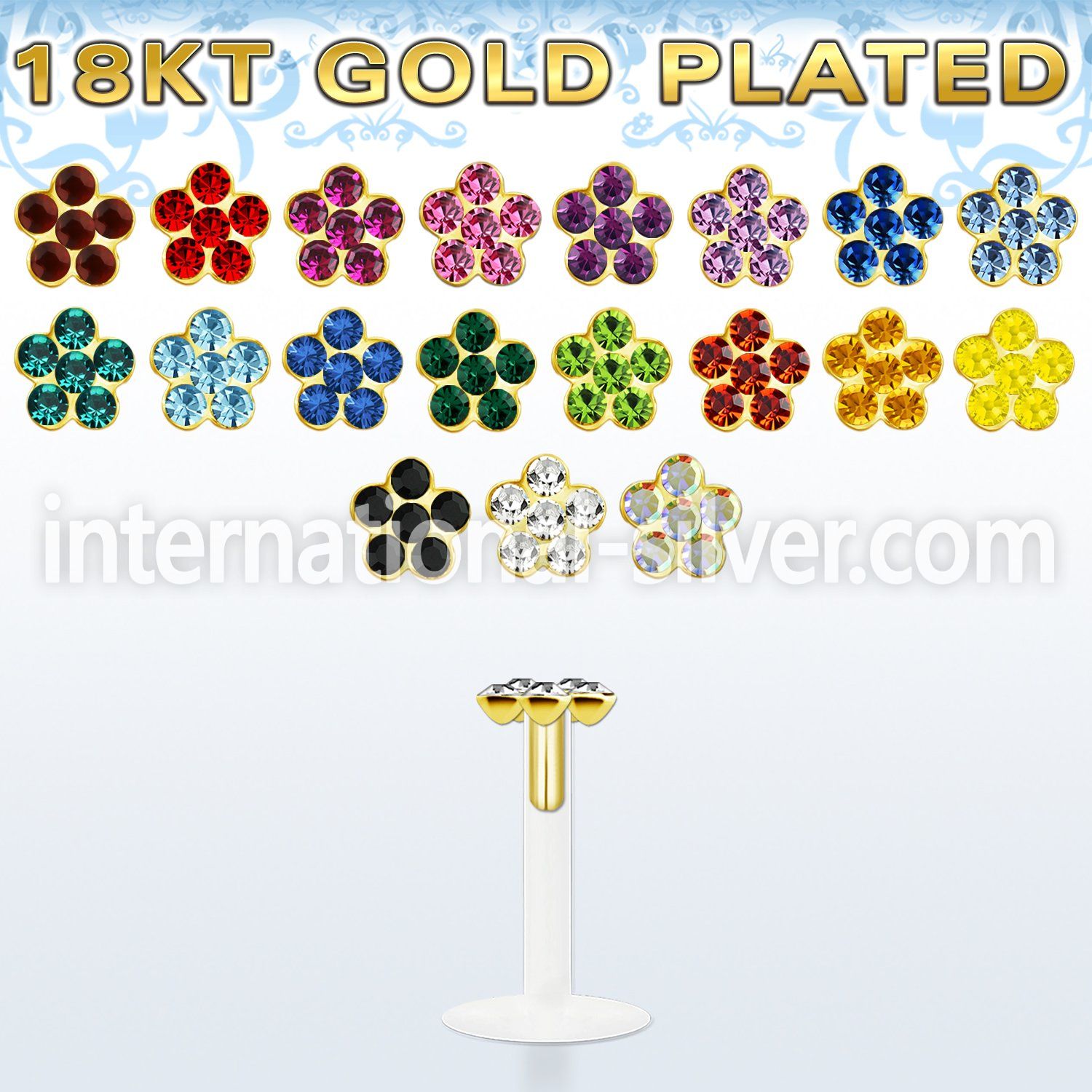 bilbfg clear bio flexible labret flower sterling silver 18karat