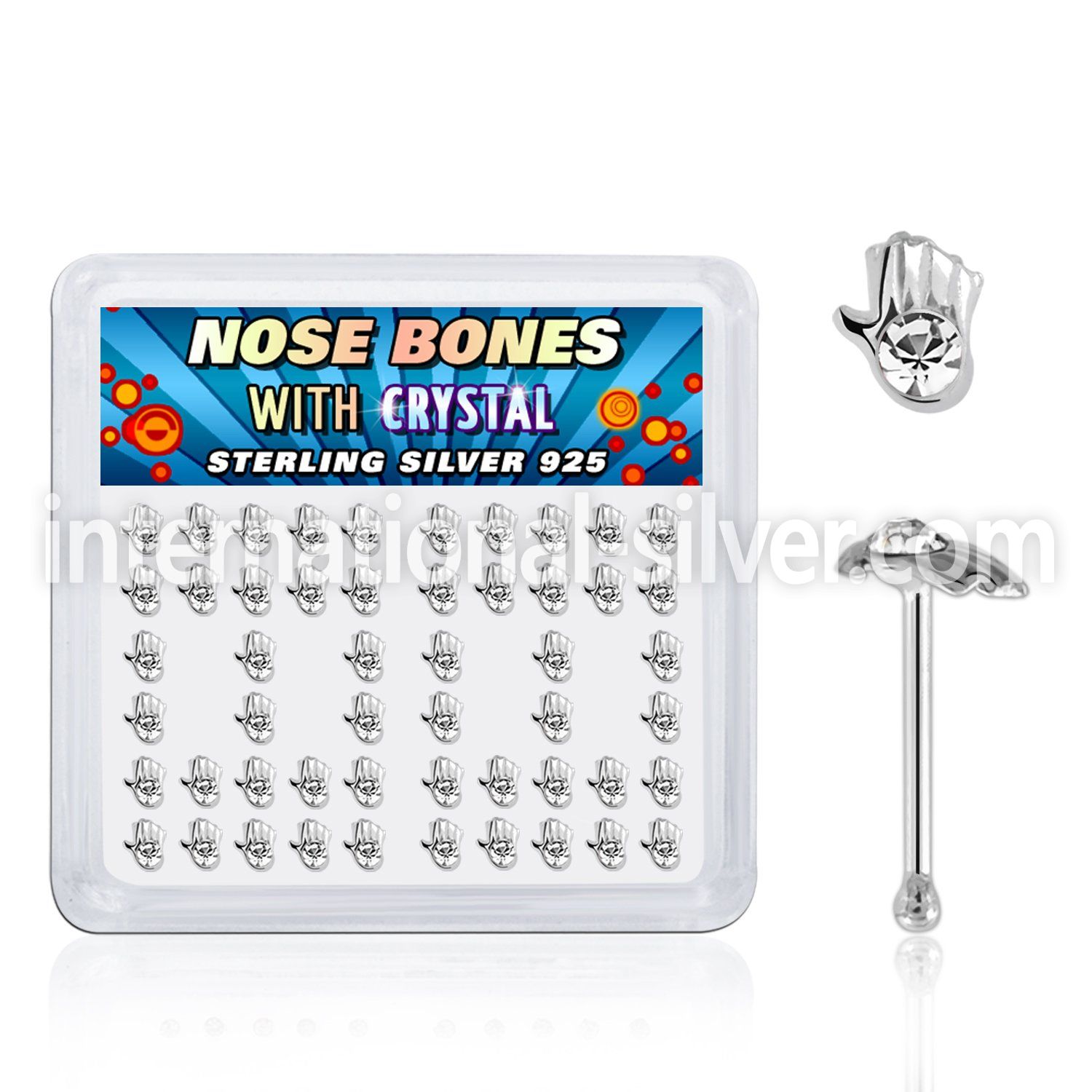 bxhdc box w 52 silver nose bones w hand shaped tops w crystals