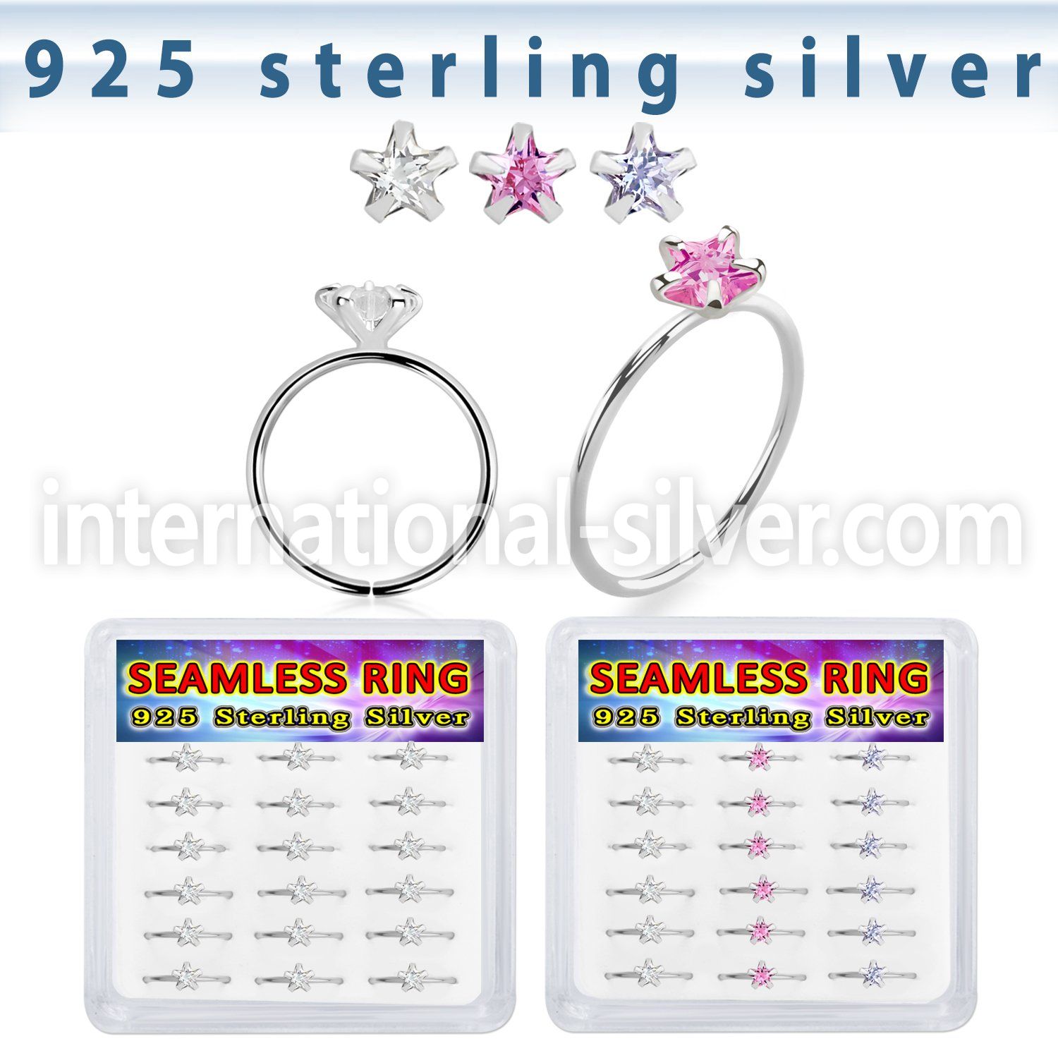 bxnhmx7 silver seamless nose ring hoop 22g star color cz 18