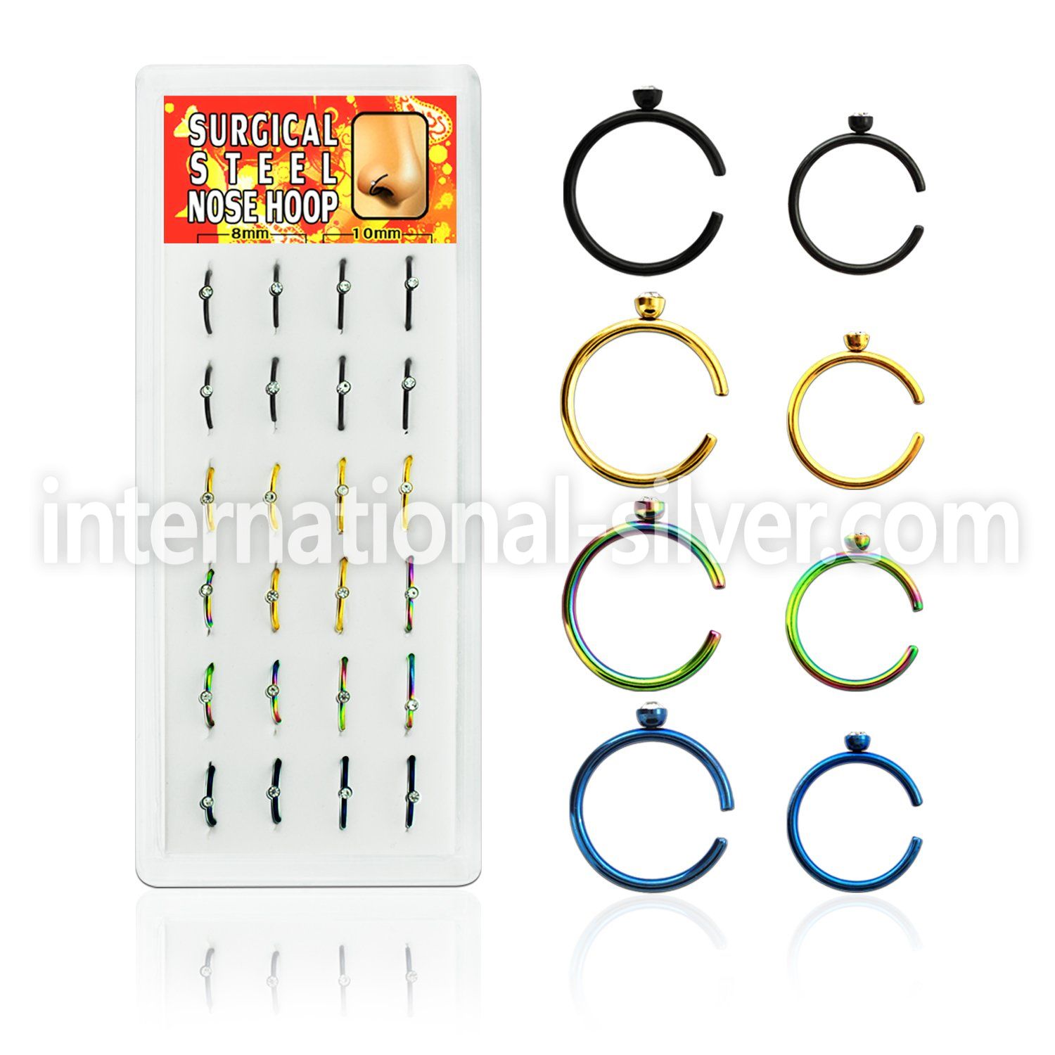 BXNRT3 display anodized nose rings w clear crystal ball