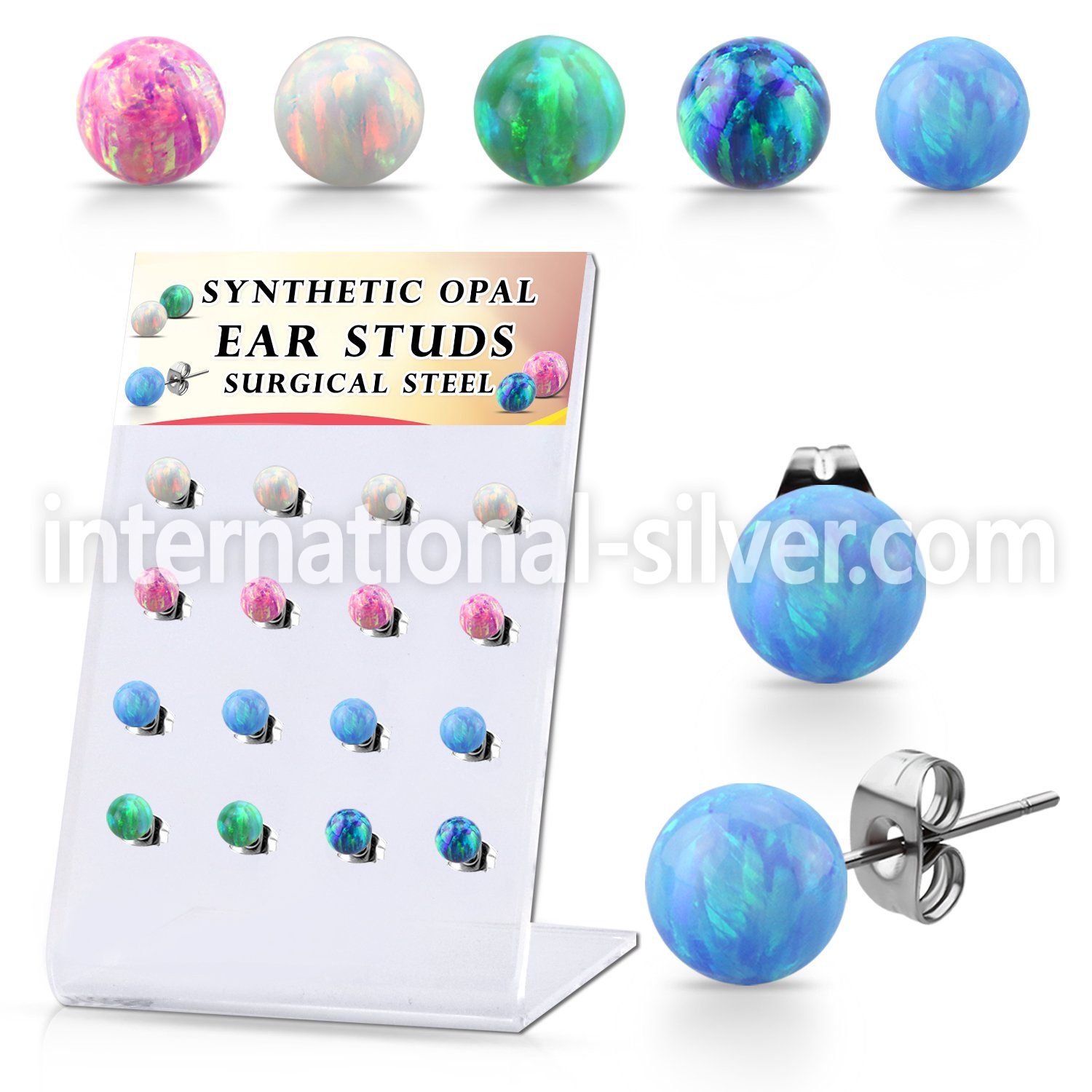 dacb228 display w 16 steel ear studs w synthetic opal ball 