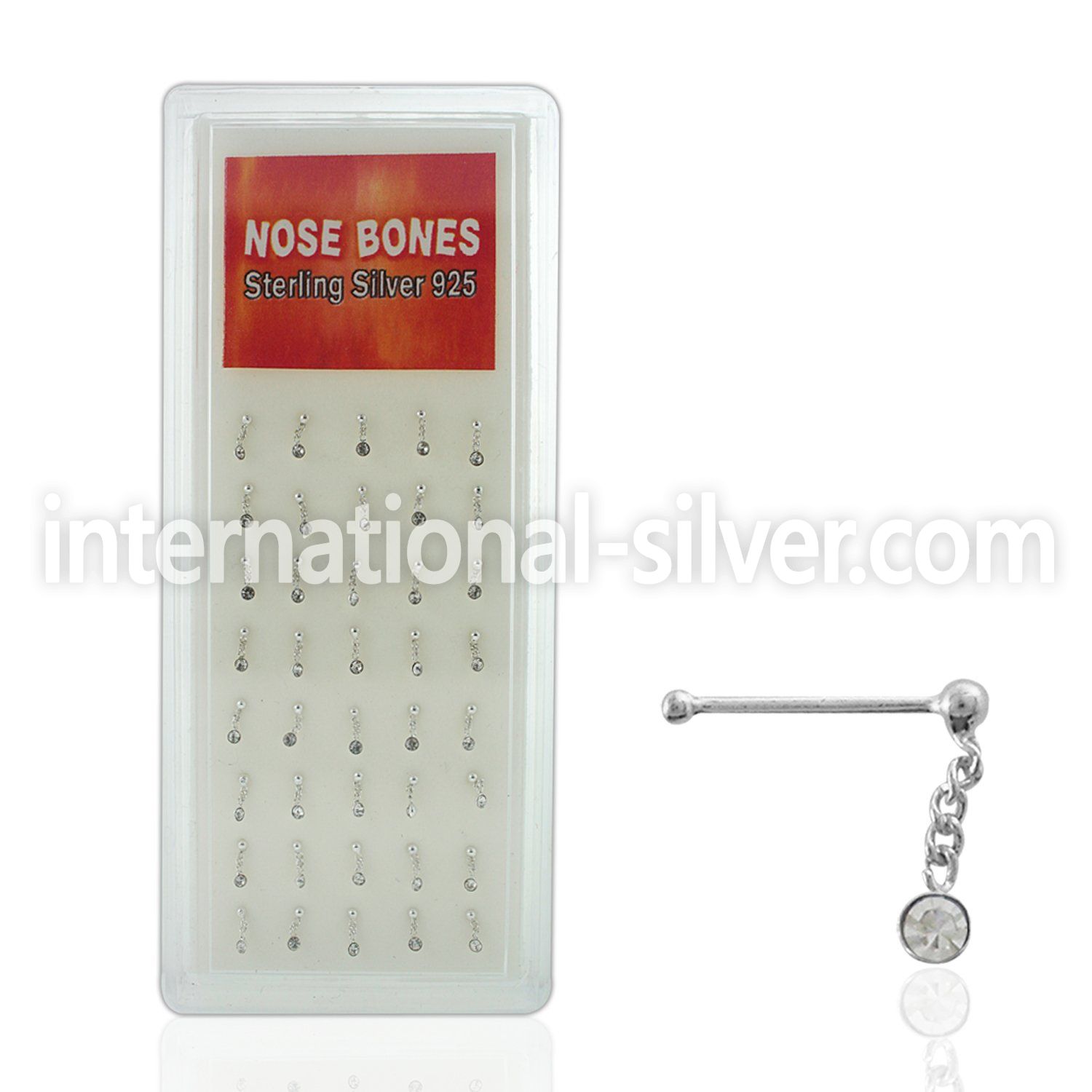 dnbdc1 box of silver nose bones w ball dangling clear crystal