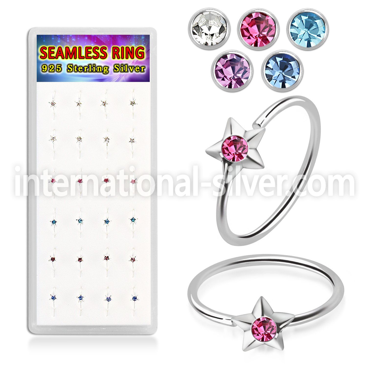 dnsm300b silver seamless nose ring hoops color gems star 24