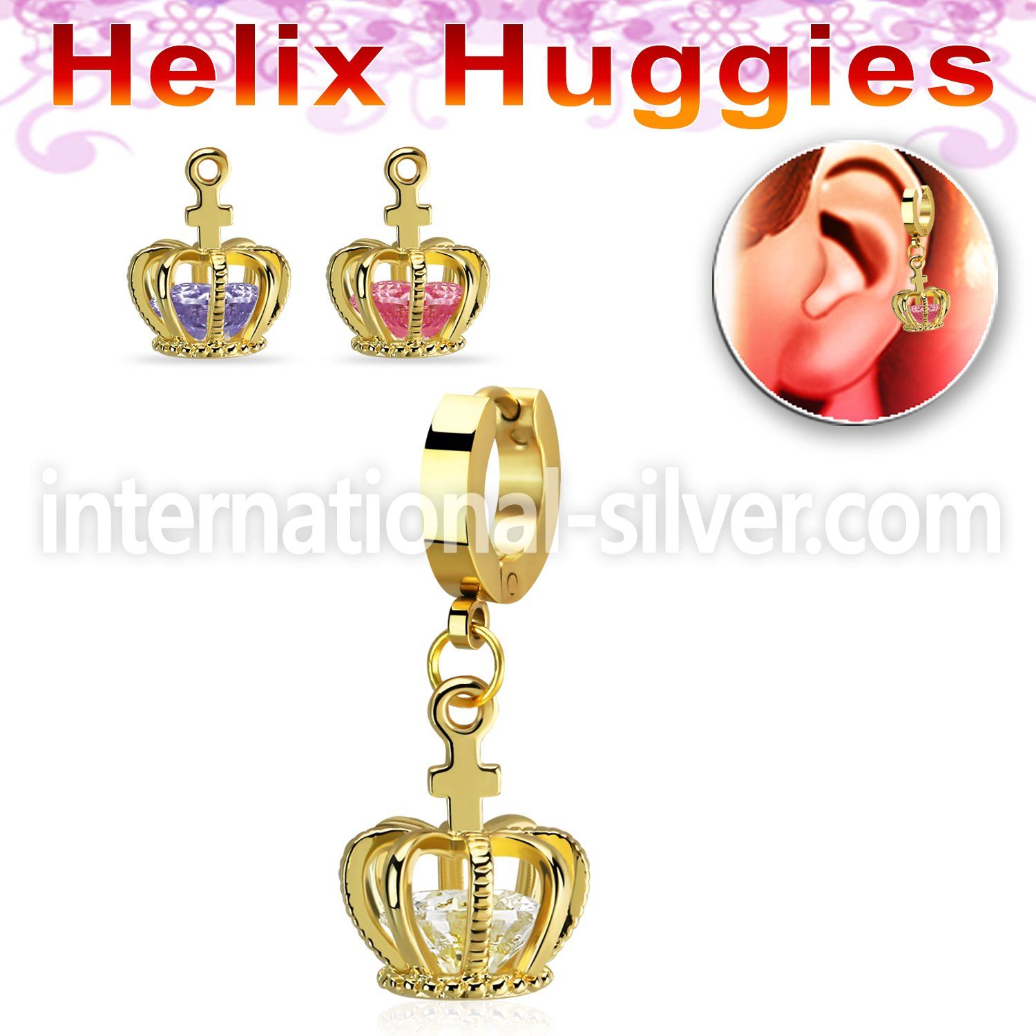 ehgz590 gold stainless steel helix huggie w dangling crown w cz