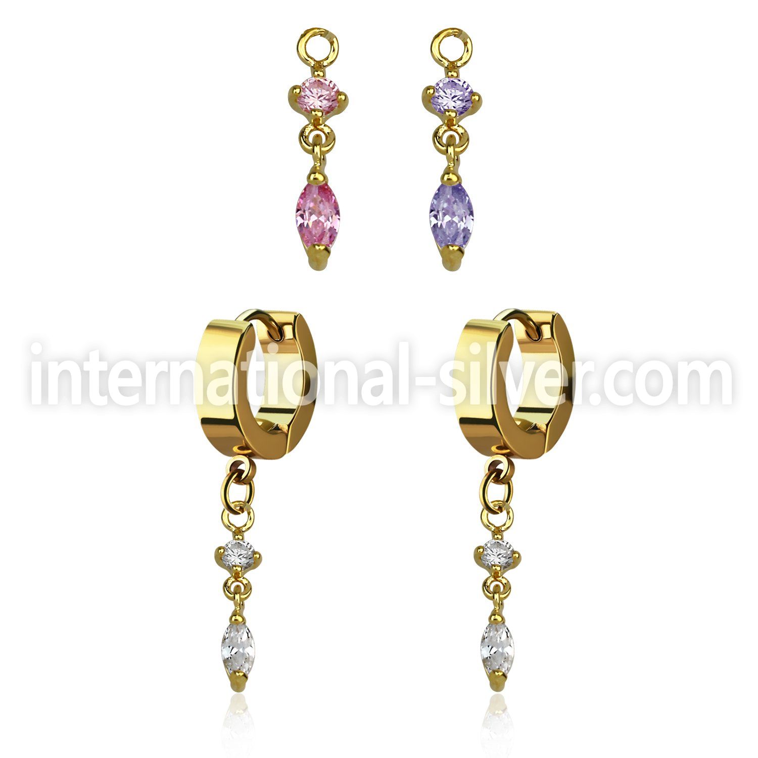 ergz522 gold steel huggies earrings w dangling oval cz