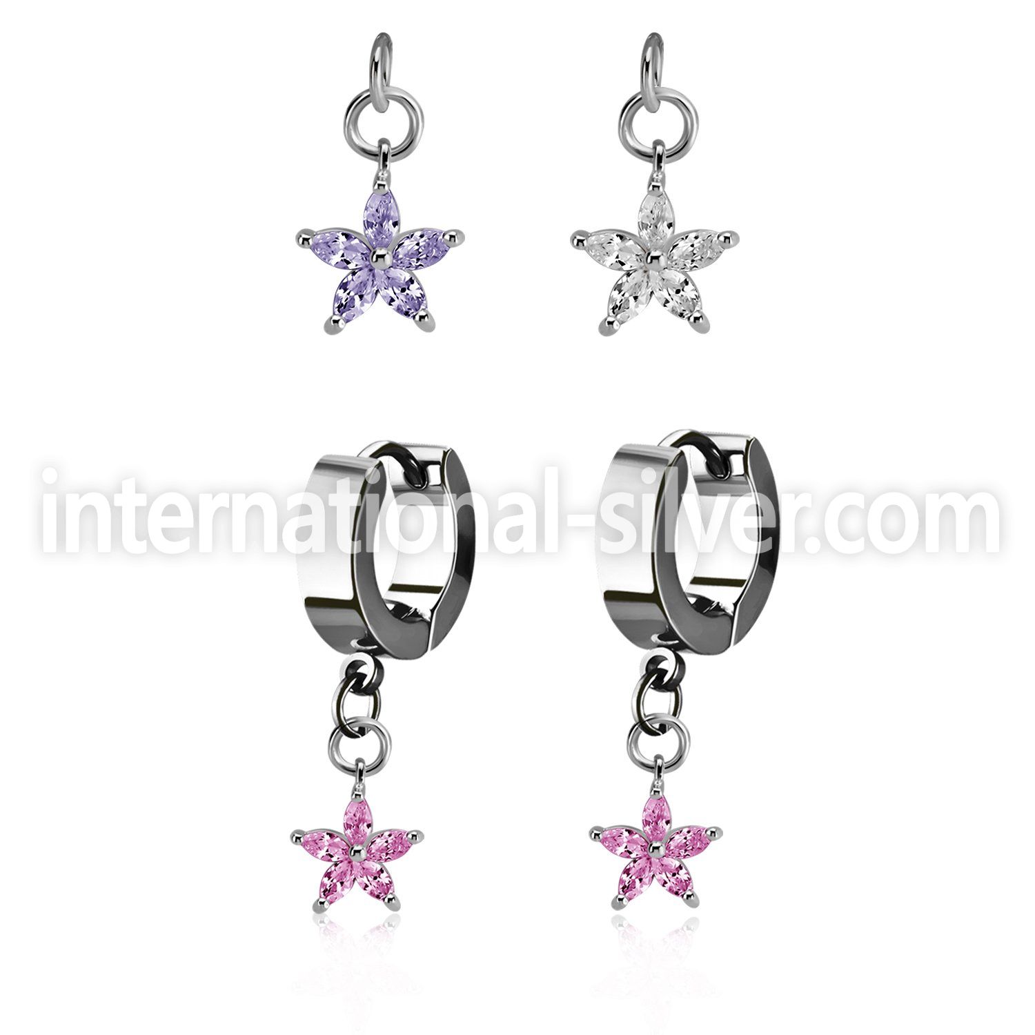erhz413 steel huggies earrings w dangling flower w prong set cz