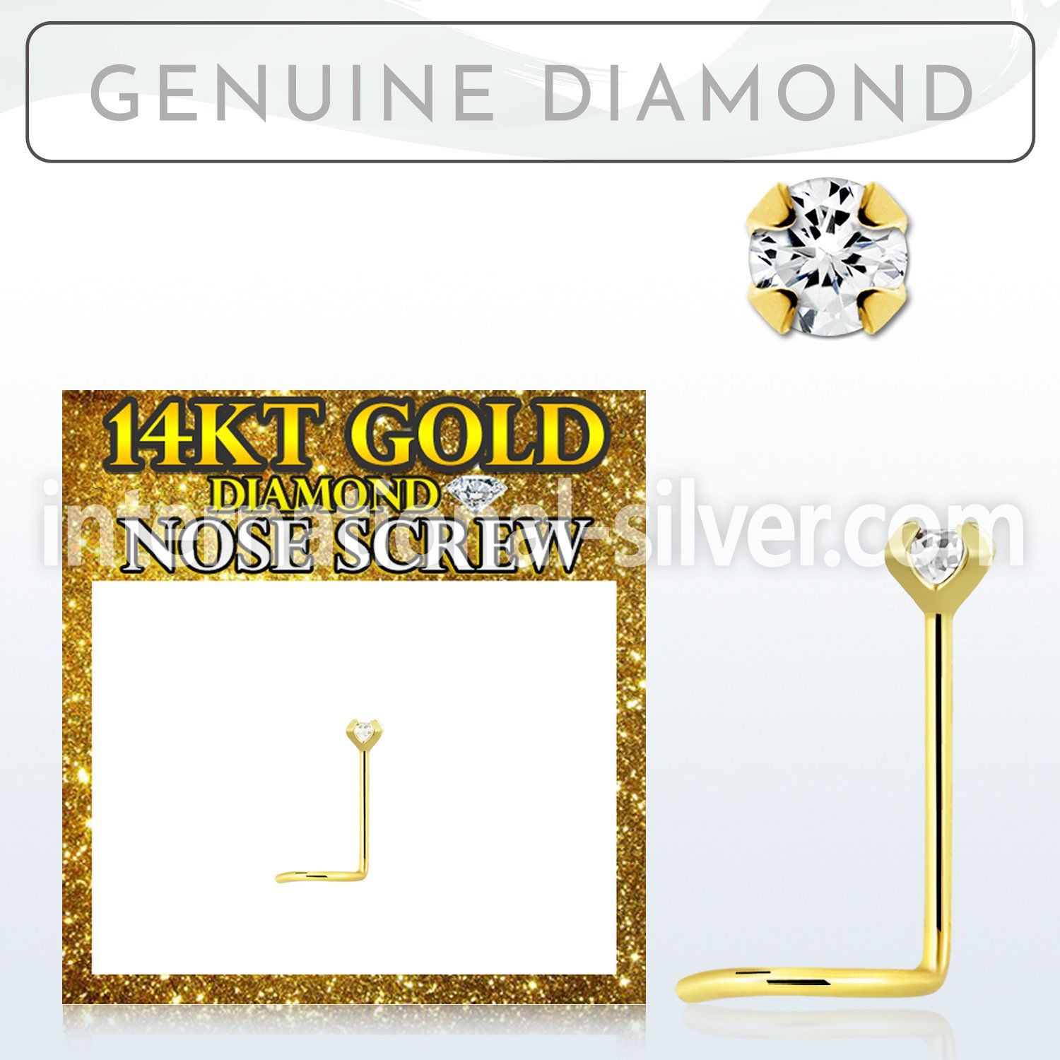 gscdb2 genuine diamond 14karat gold nose screw stud 2mm prong set round diamond