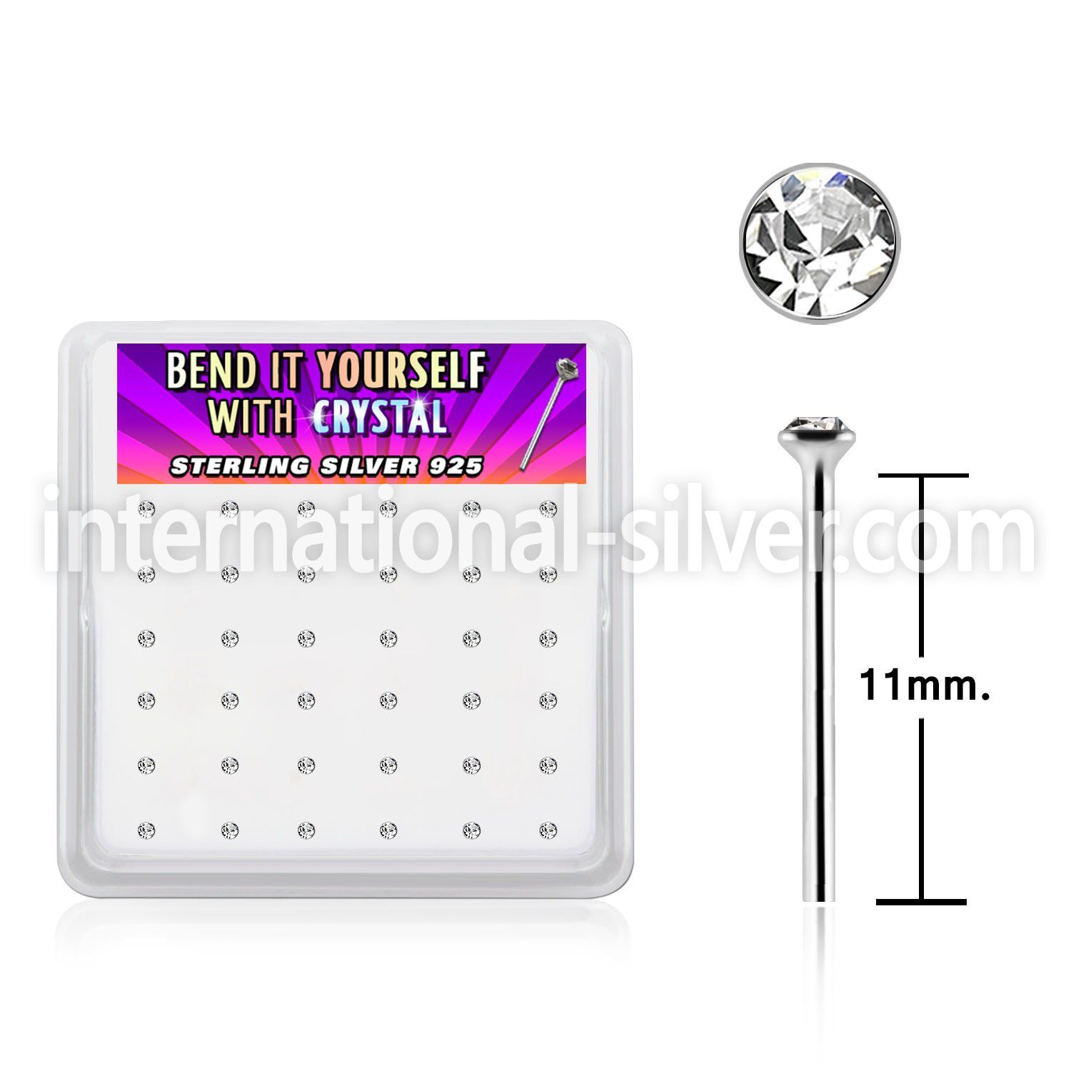 ny9cbx box silver bend it nose studs 20g 1.5mm clear crystal