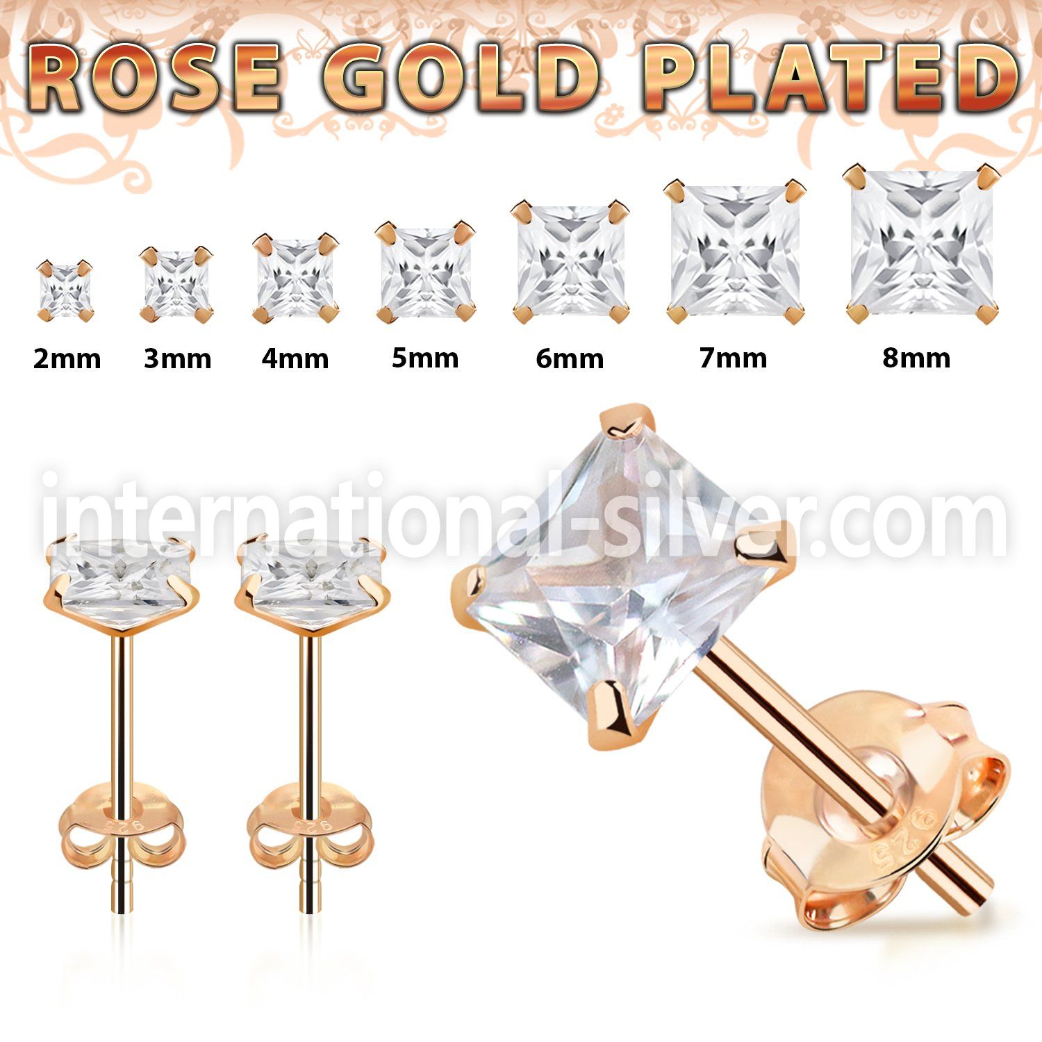 rpqz 1 pair rose gold plated silver earring studs square cz