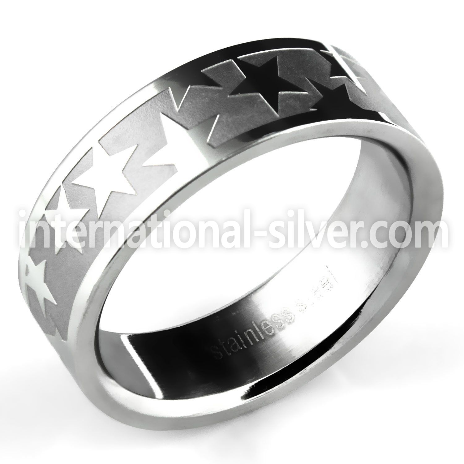 sr304 matte steel wedding band w high polished etched stars
