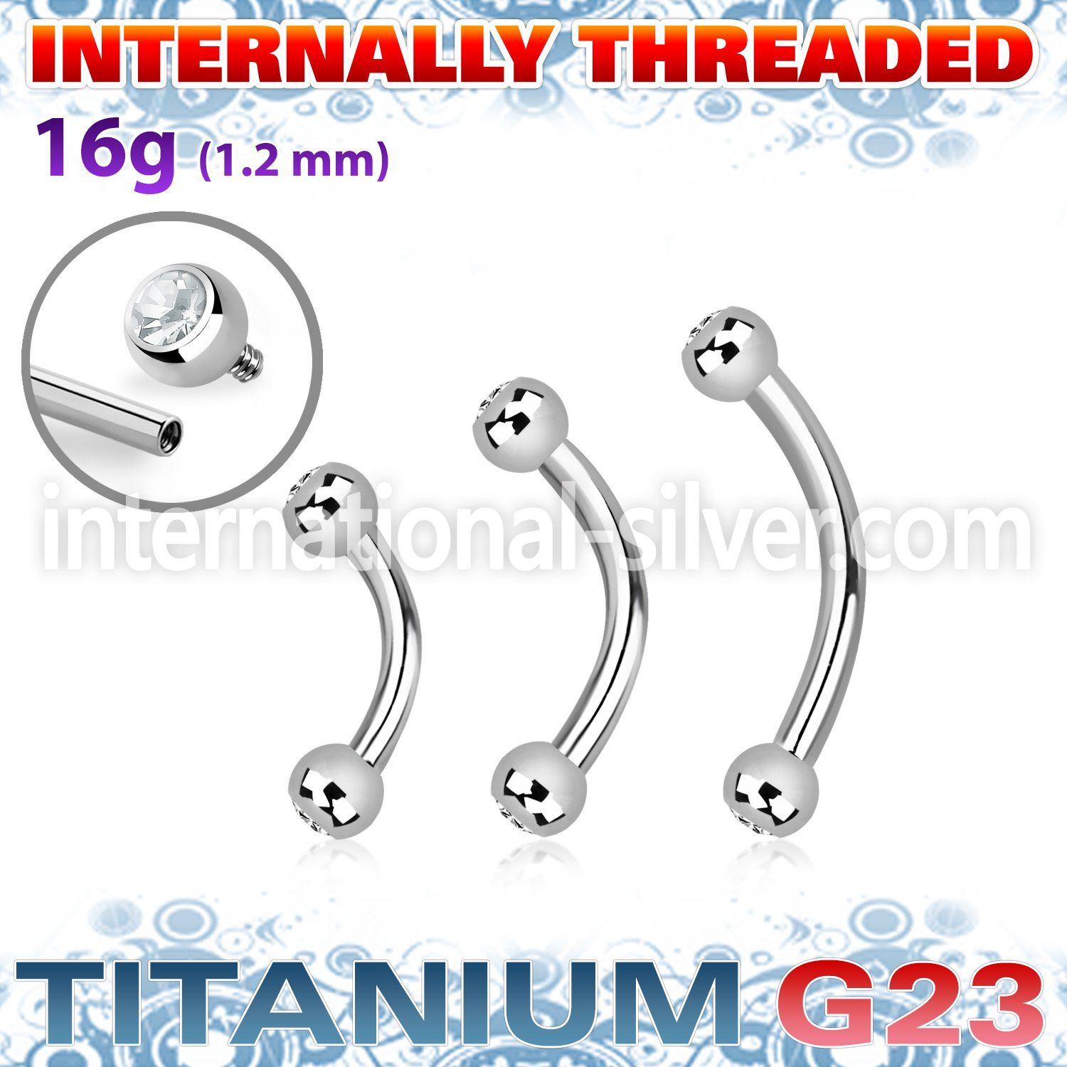 ubnejb25i titanium curvedbarbell pressfit gem balls internal
