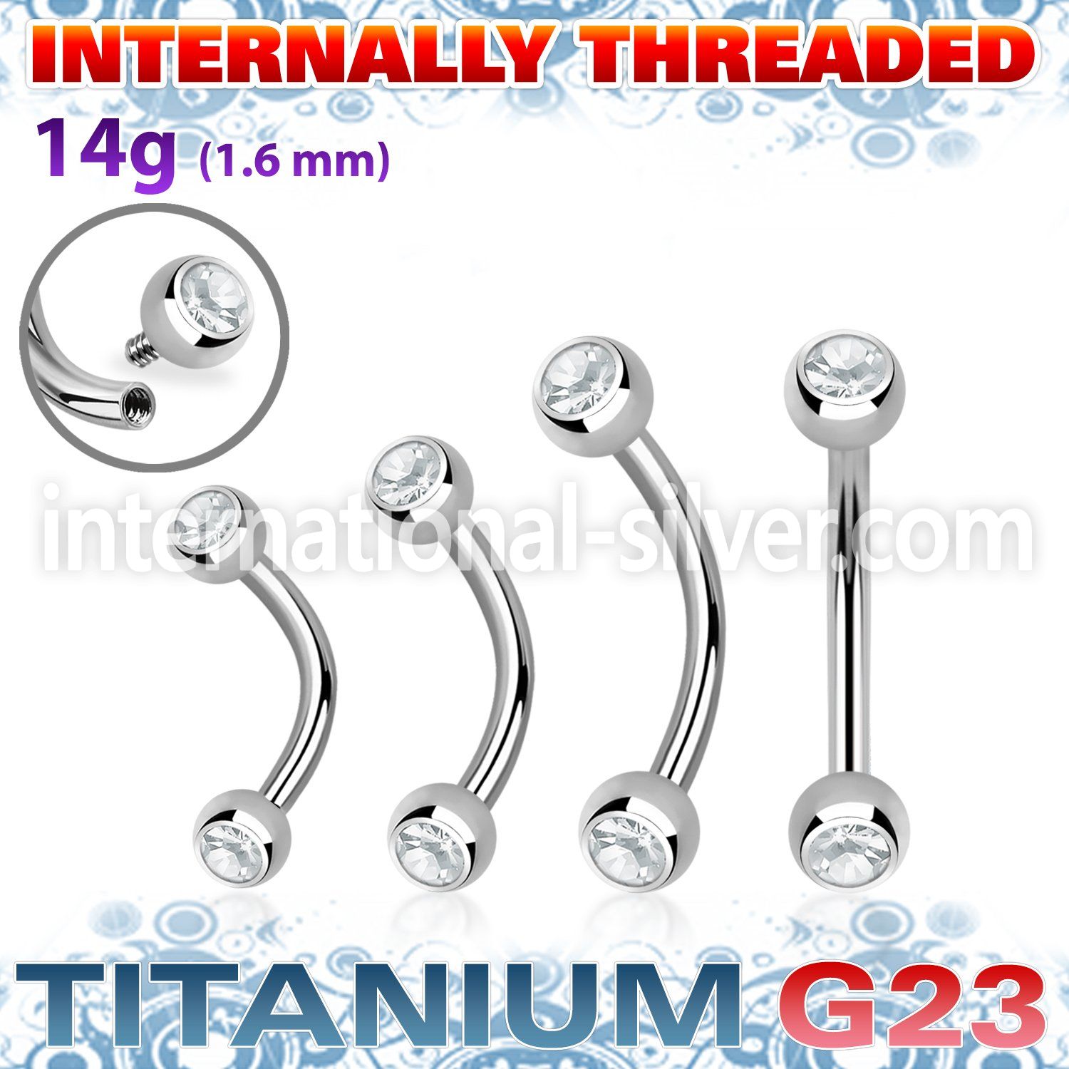 ubnjbi titanium curved barbell 14g gem balls internal