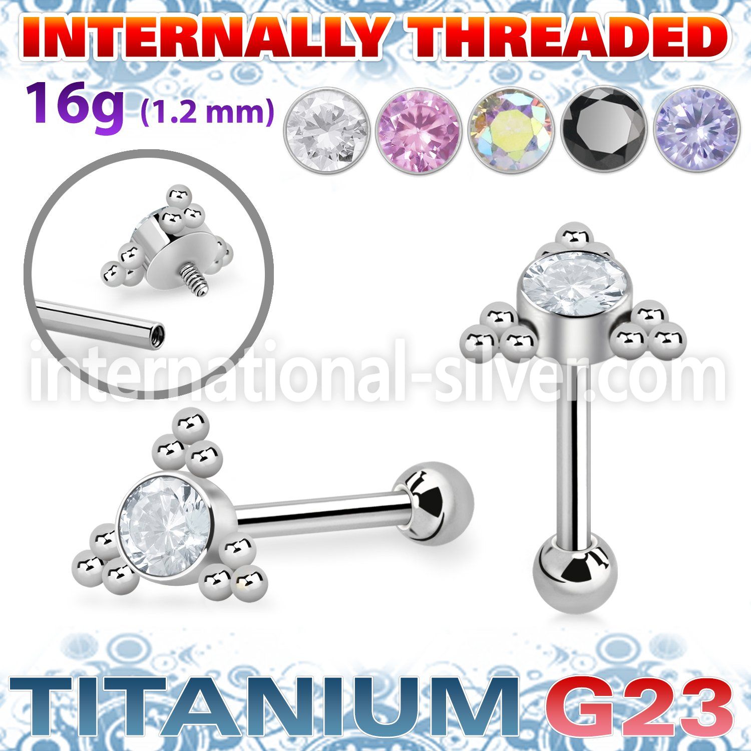 uhein7 titanium barbell internal threading round cz