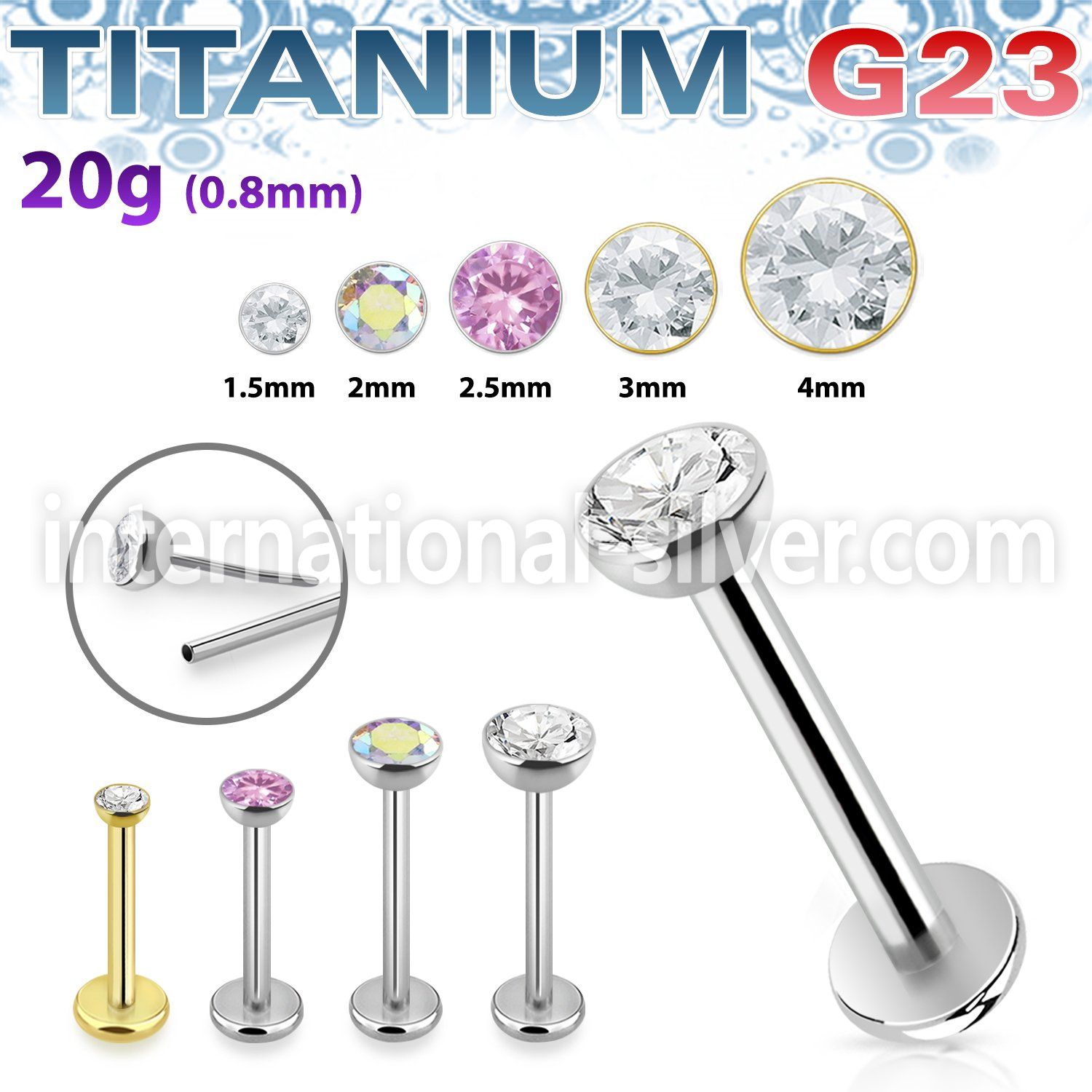 ulbpisz20 titanium labret stud 20g threadless push in top