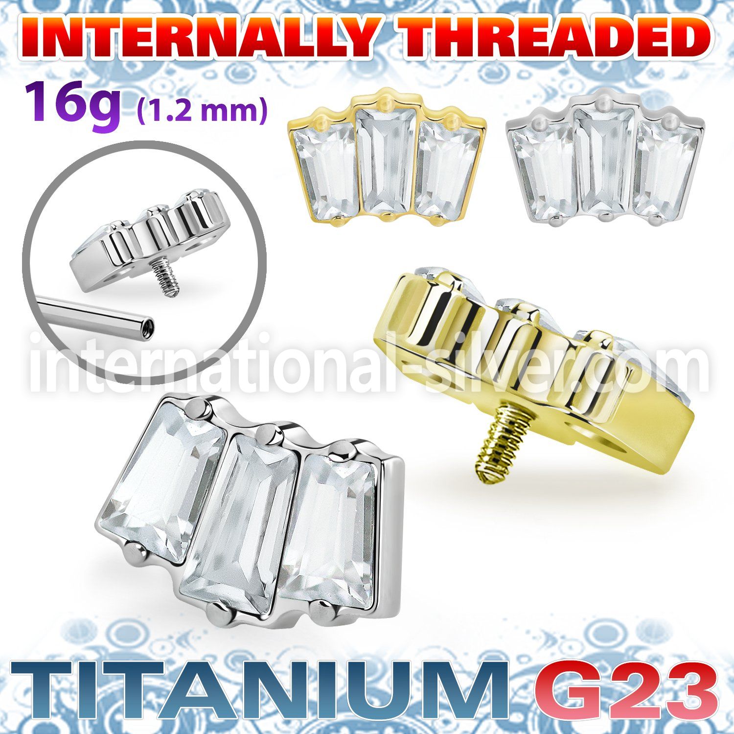 ushz26in titanium top three baguette cz prong setting