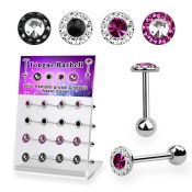 dacb237 display w steel tongue barbell w 7mm top w multi crystal